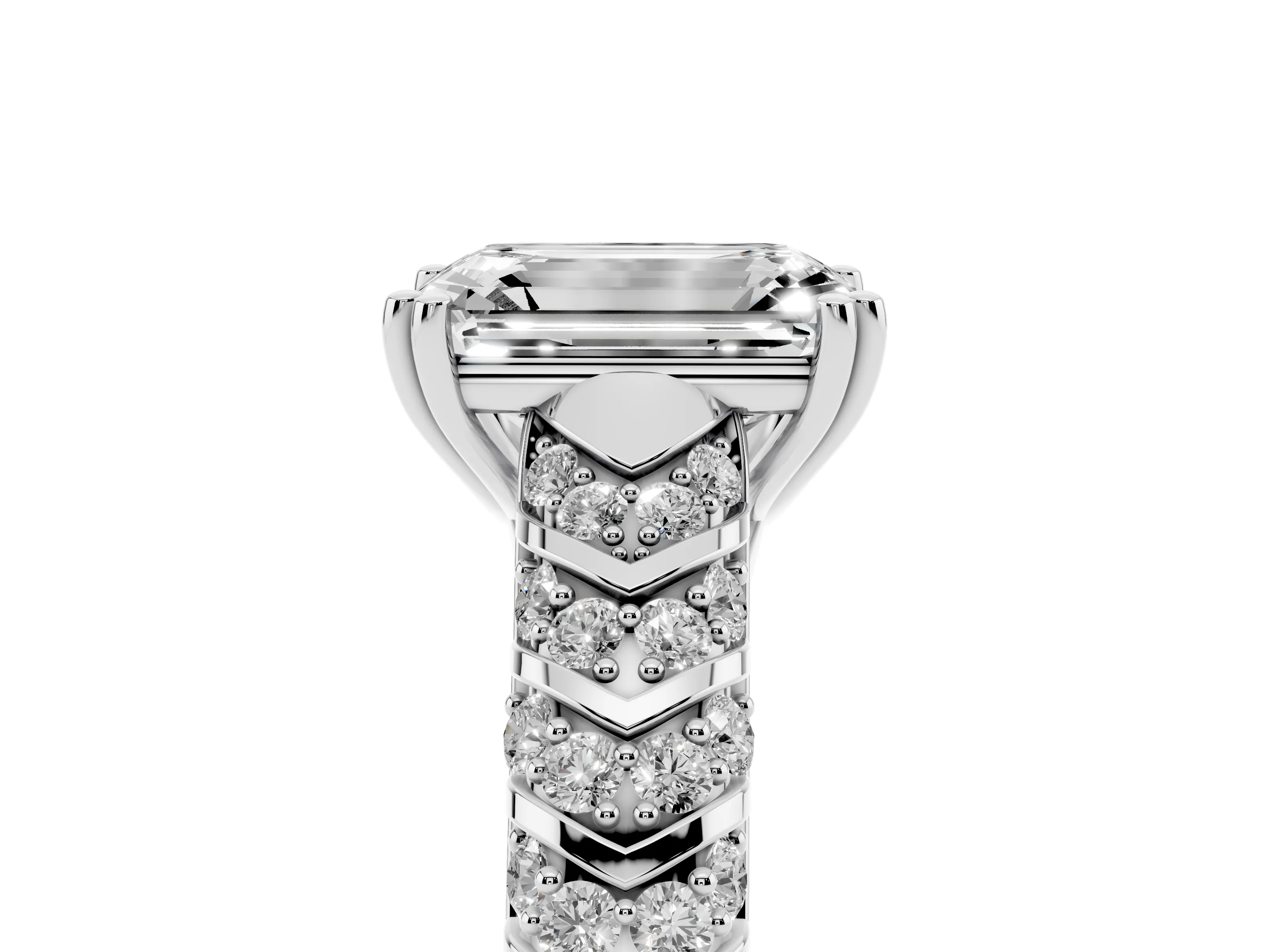 Emerald Cut Diamond Solitaire Chevron Pavé Engagement Ring Set in Silver with Prong Setting