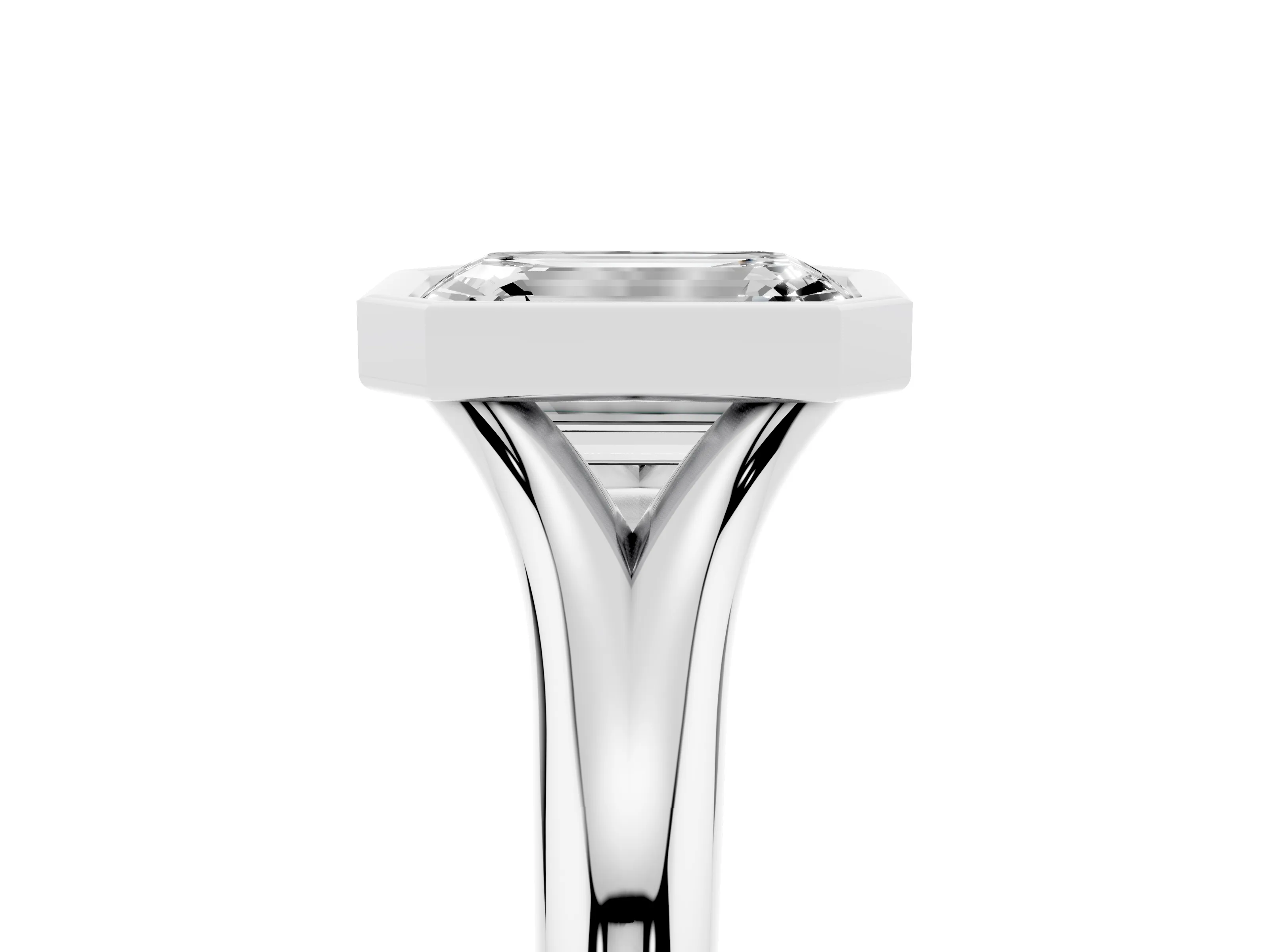 Bezel Set Emerald Cut Diamond Solitaire Ring Set in White gold with Smooth Band