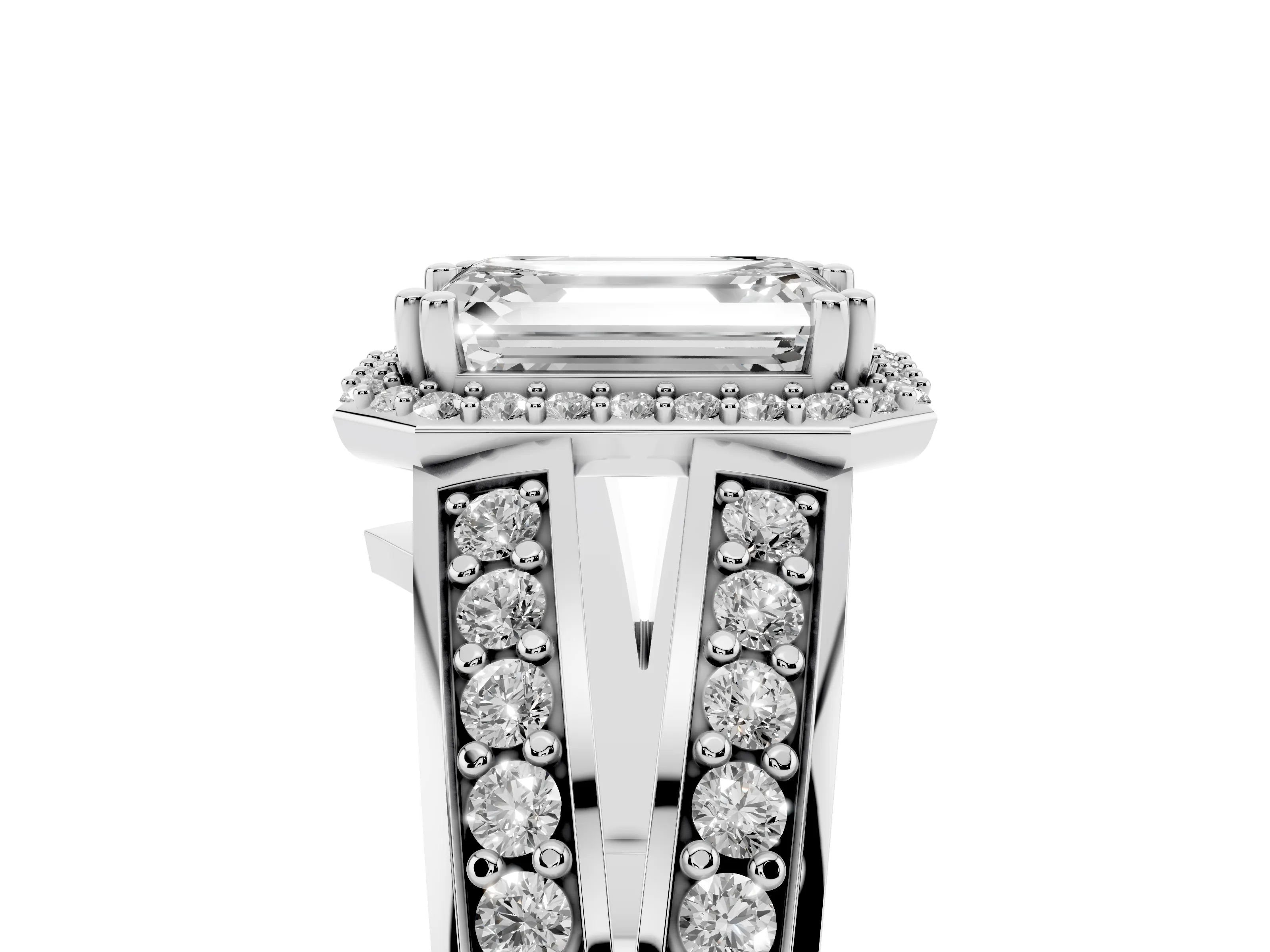 Emerald Cut Diamond Halo Ring Set in White gold with Double Pavé Split Shank