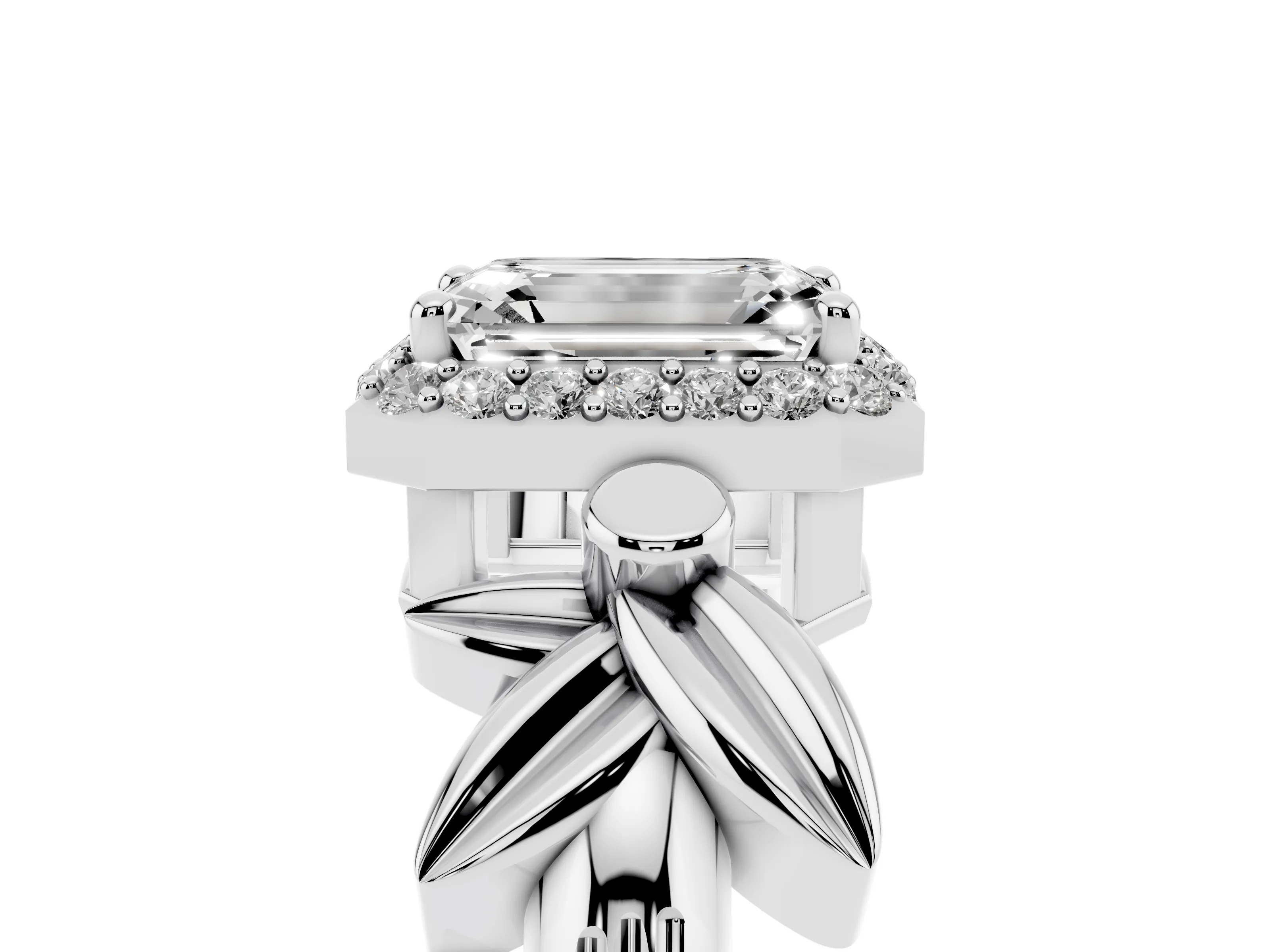 Emerald Cut Diamond Halo Floral Band Ring Set in White gold with Prong Setting
