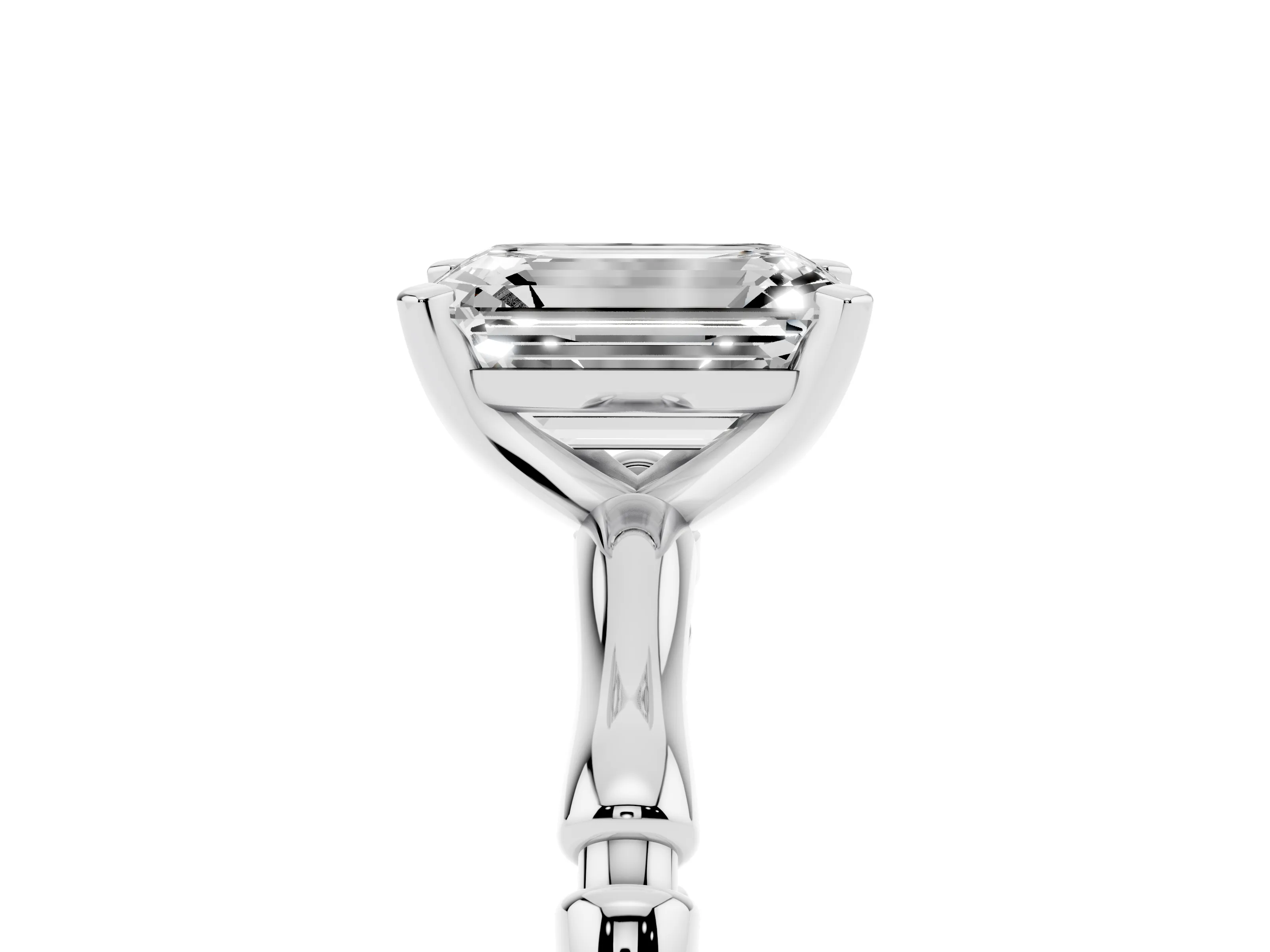Emerald Cut Diamond Solitaire Ring Set in Silver with Bamboo Band and Prong Setting
