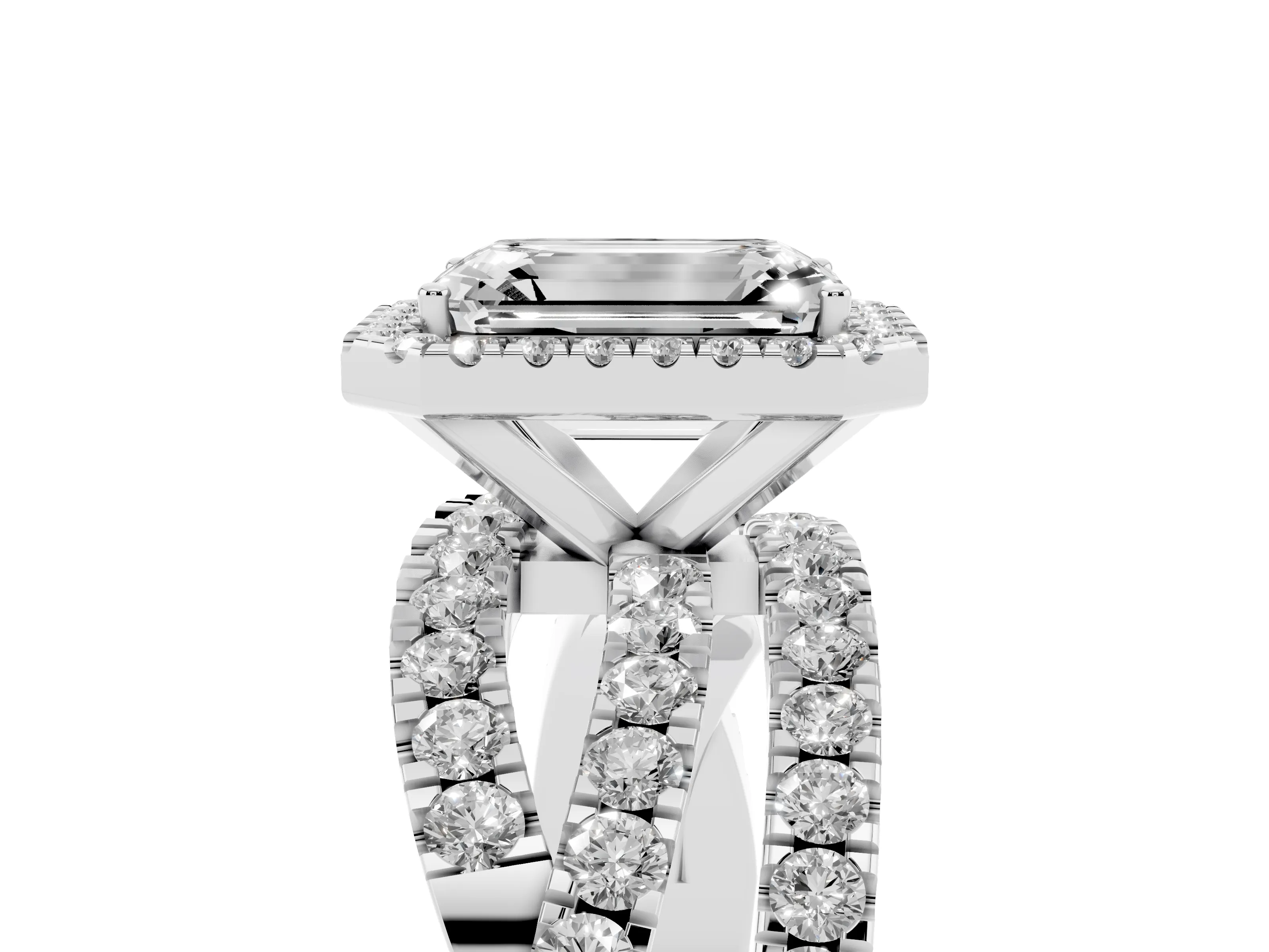 Emerald Cut Diamond Halo Ring Set in Platinum with Round Crossover Split Shank and Prong Setting