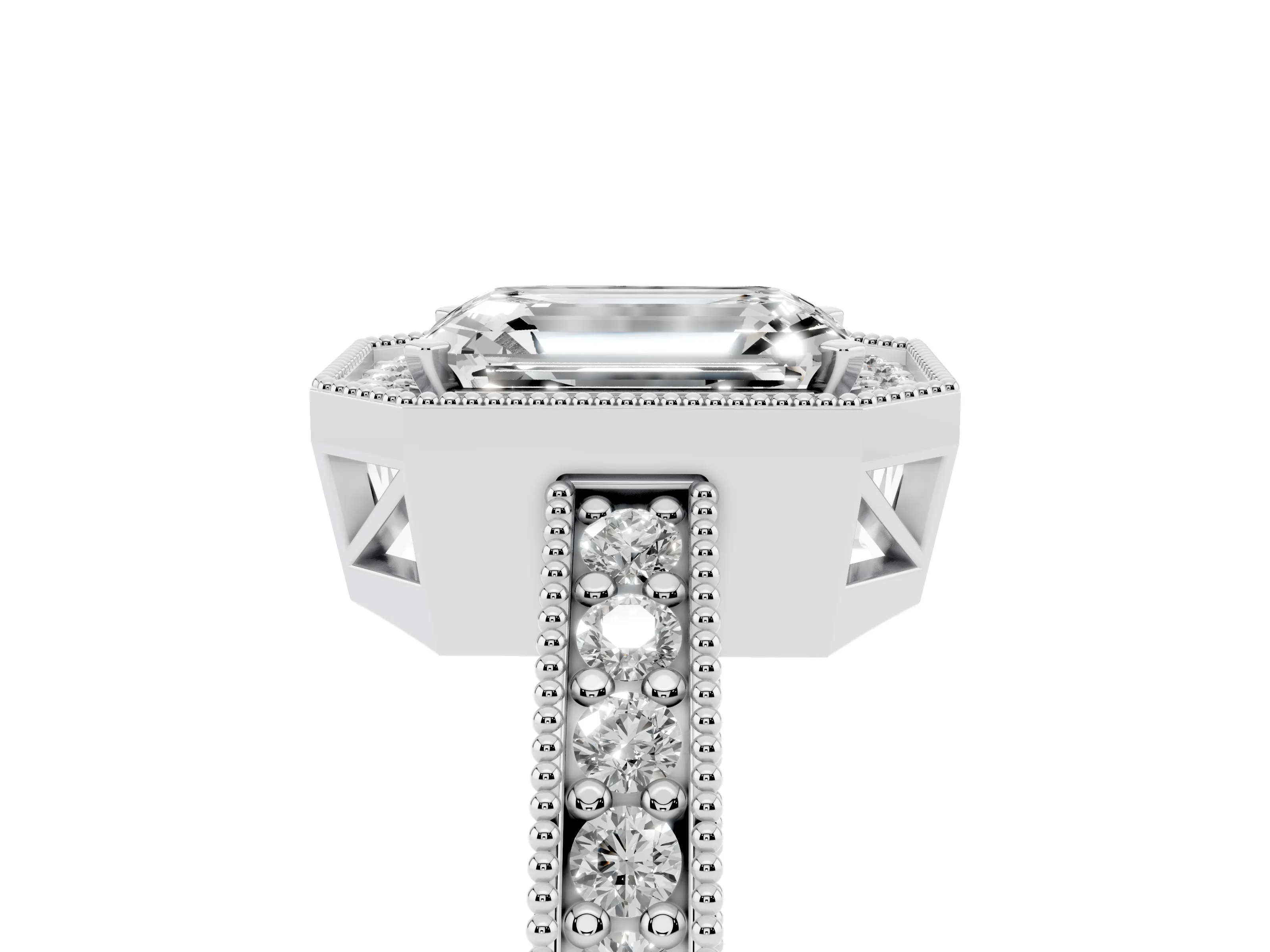 Emerald Cut Diamond Halo Pavé Band Ring Set in Silver with Prong-Set Center