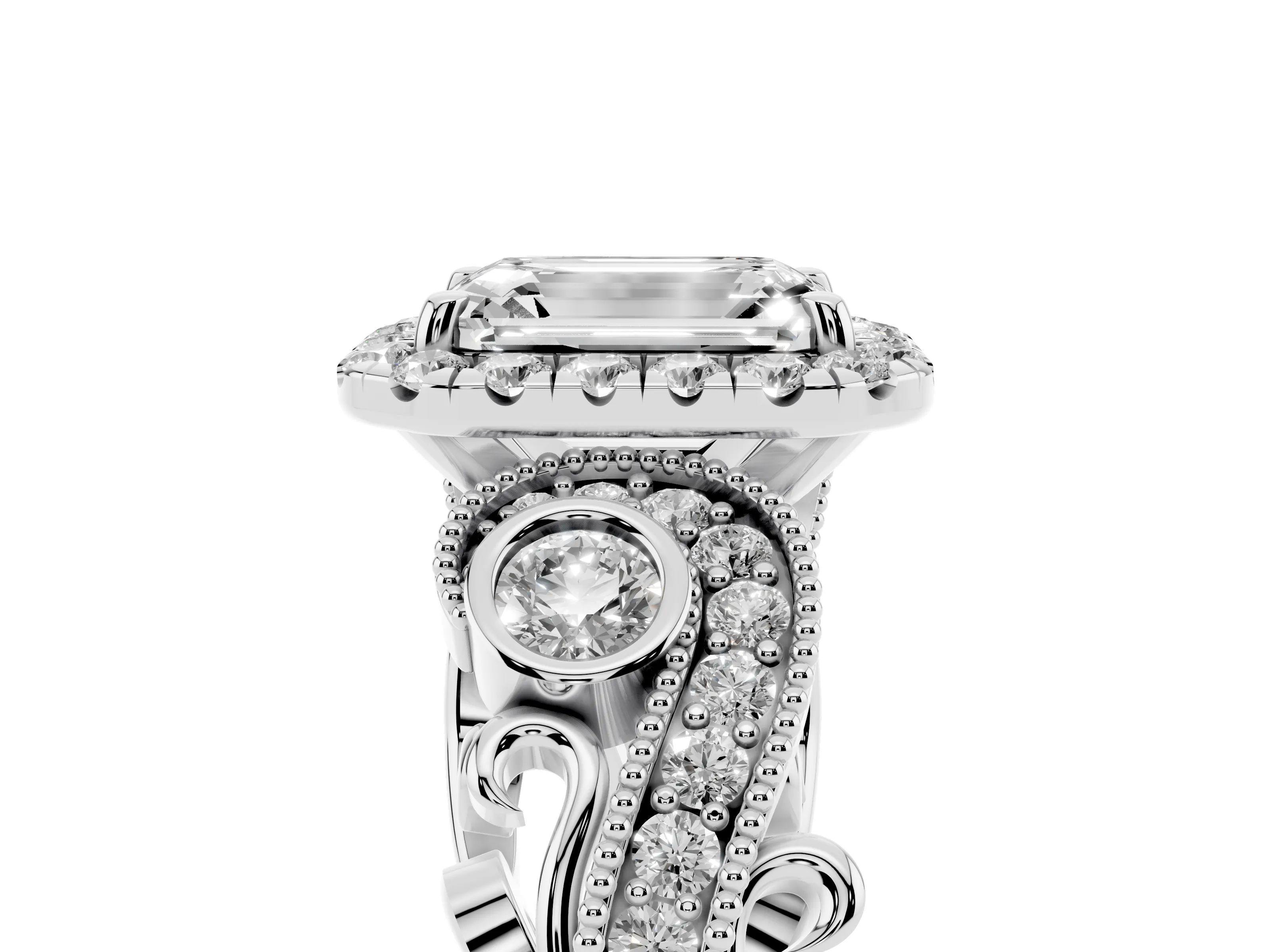 Emerald Cut Diamond Halo Ring Set in Silver with Milgrain Pavé Band and Prong Setting