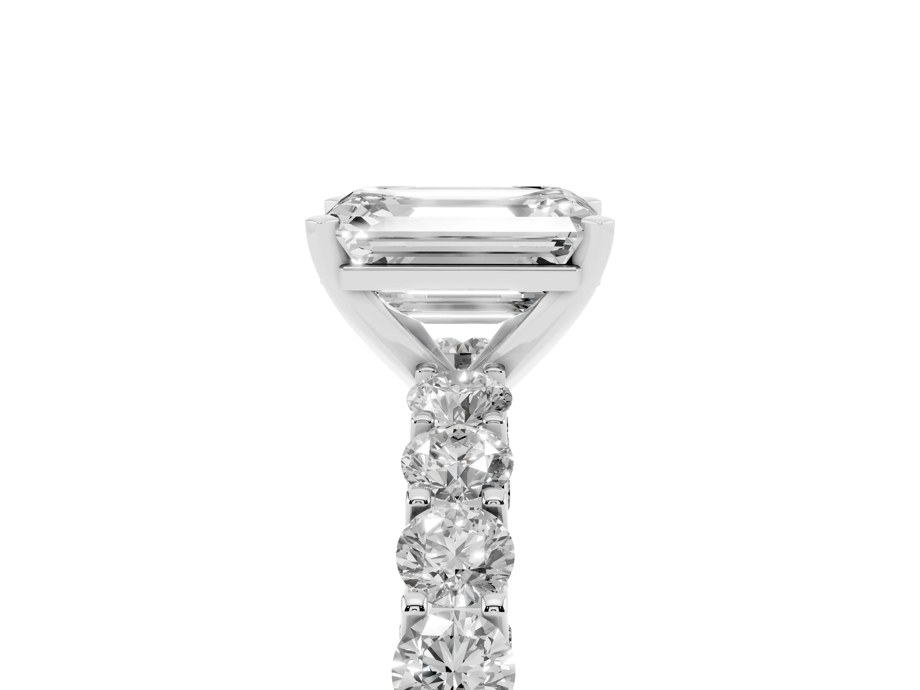Emerald Cut Diamond Solitaire Ring Set in Platinum with Shared Prong Pavé Band