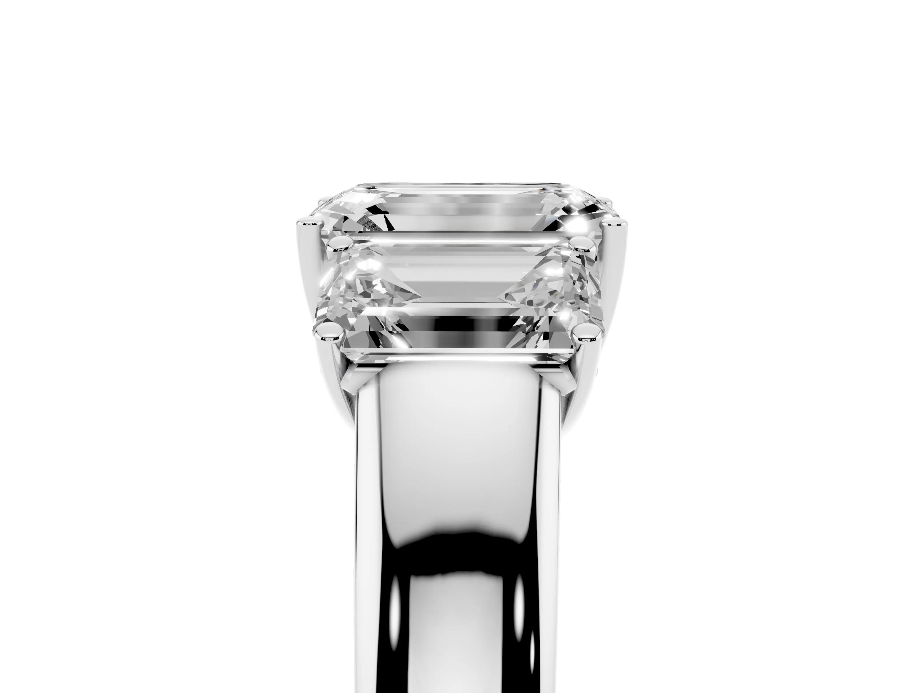 Three-Stone Emerald Cut Diamond Ring Set in Silver with Matching Prong Settings and Plain Band