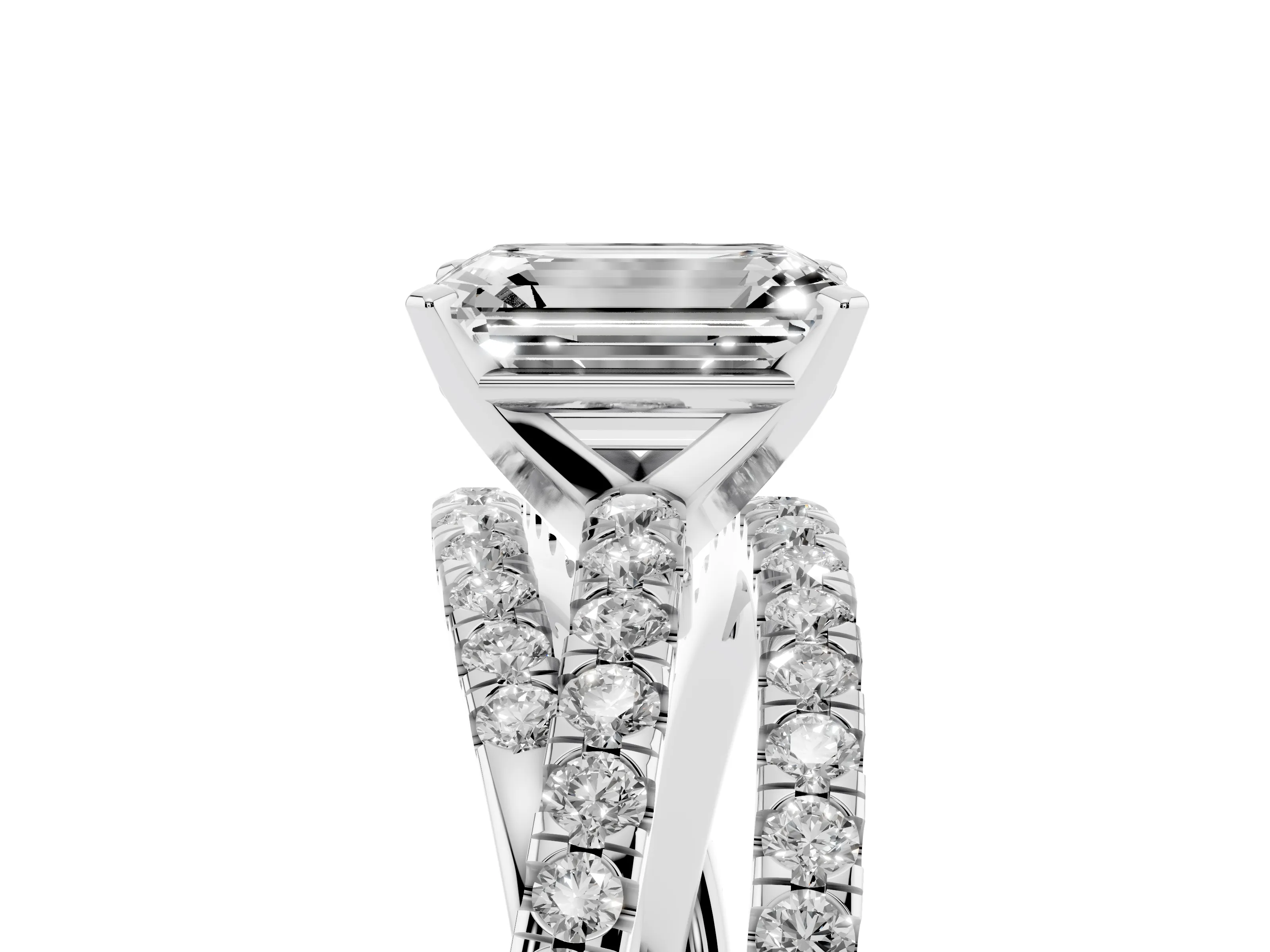 Emerald Cut Diamond Solitaire Twist Band Ring Set in White gold with Pavé Setting and Prong Head