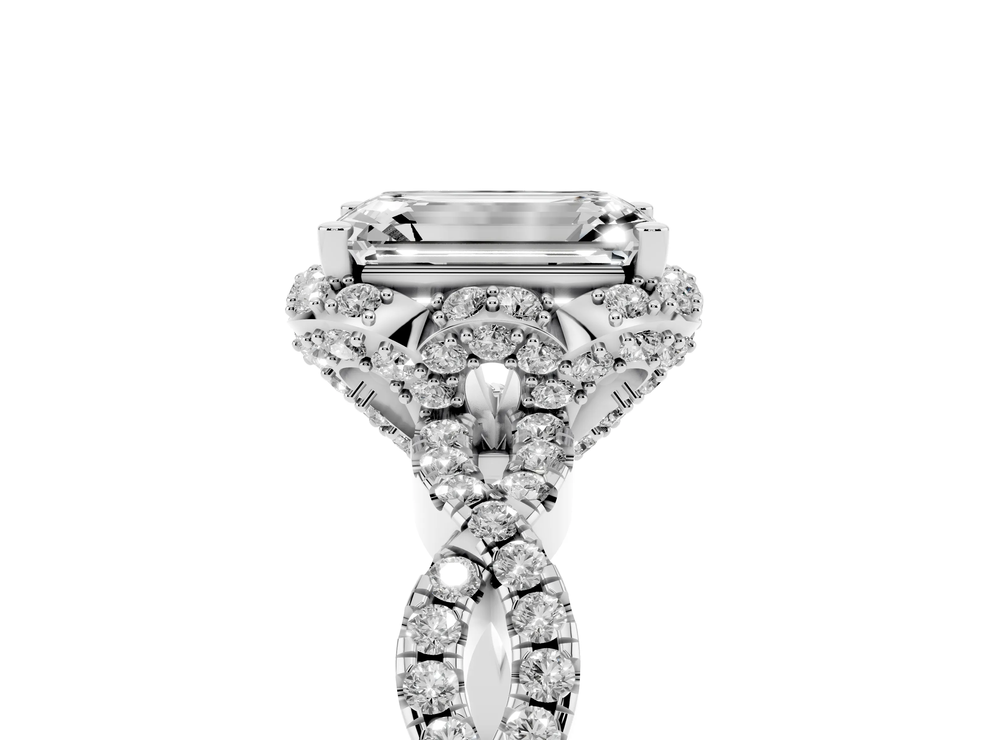 Emerald Cut Diamond Halo Twist Band Solitaire Ring Set in Silver with Prong-Set Center Stone