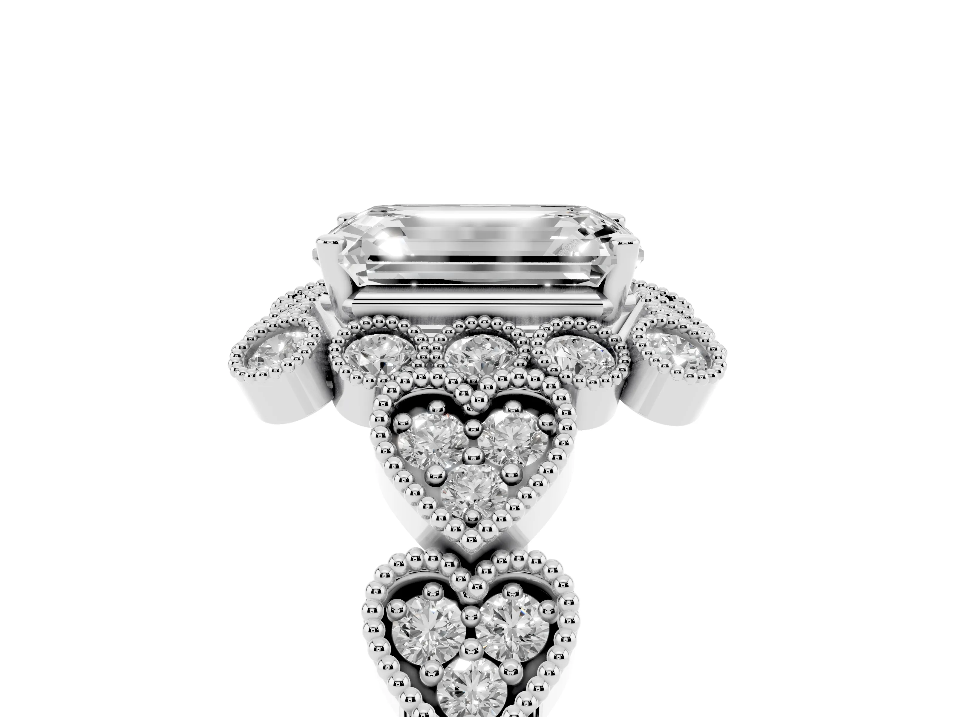 Emerald Cut Diamond Solitaire Ring Set in Silver with Milgrain Pavé Heart Band