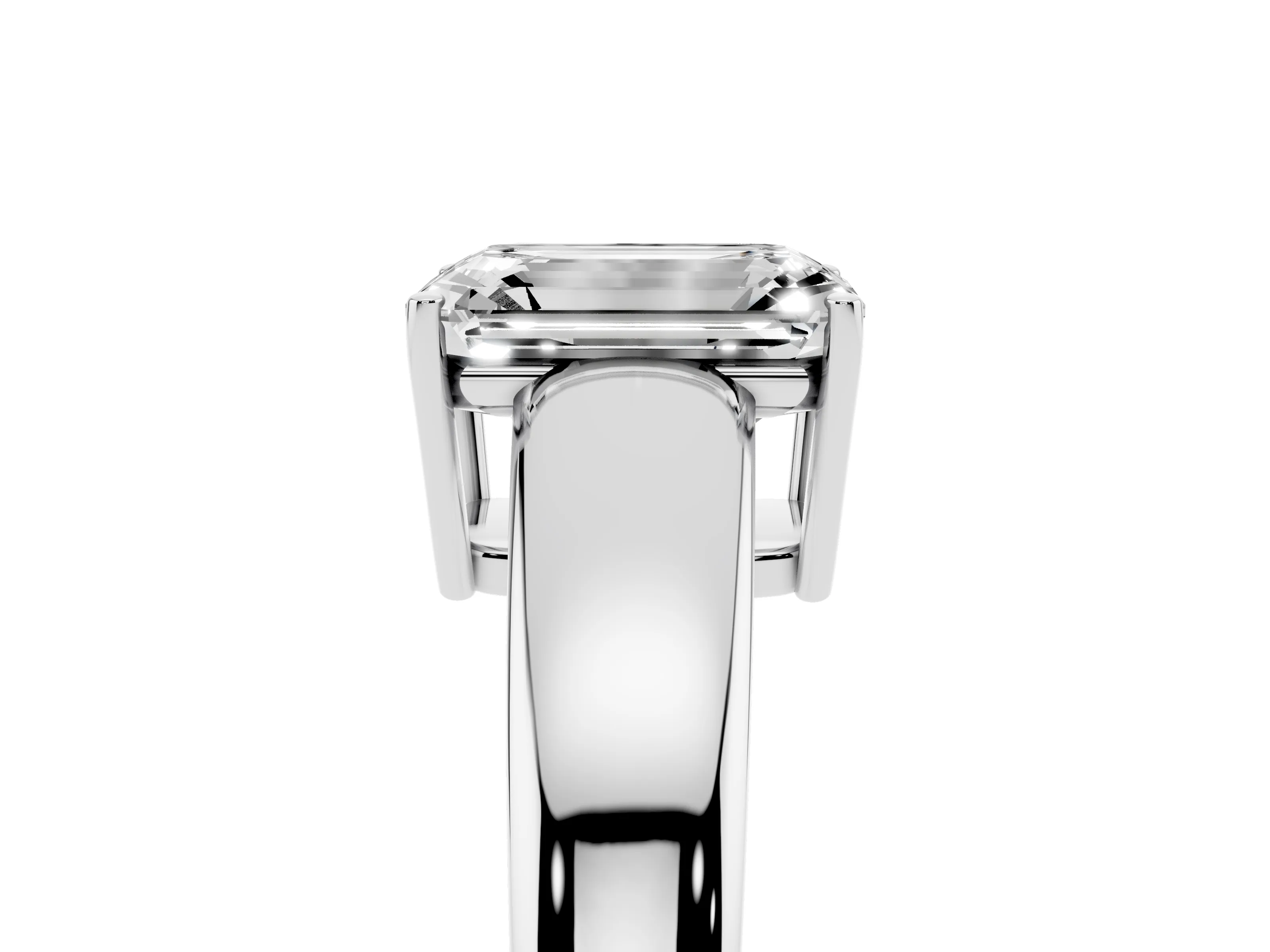 Emerald Cut Diamond Solitaire Ring Set in White gold with Tapered Band and Prong Setting