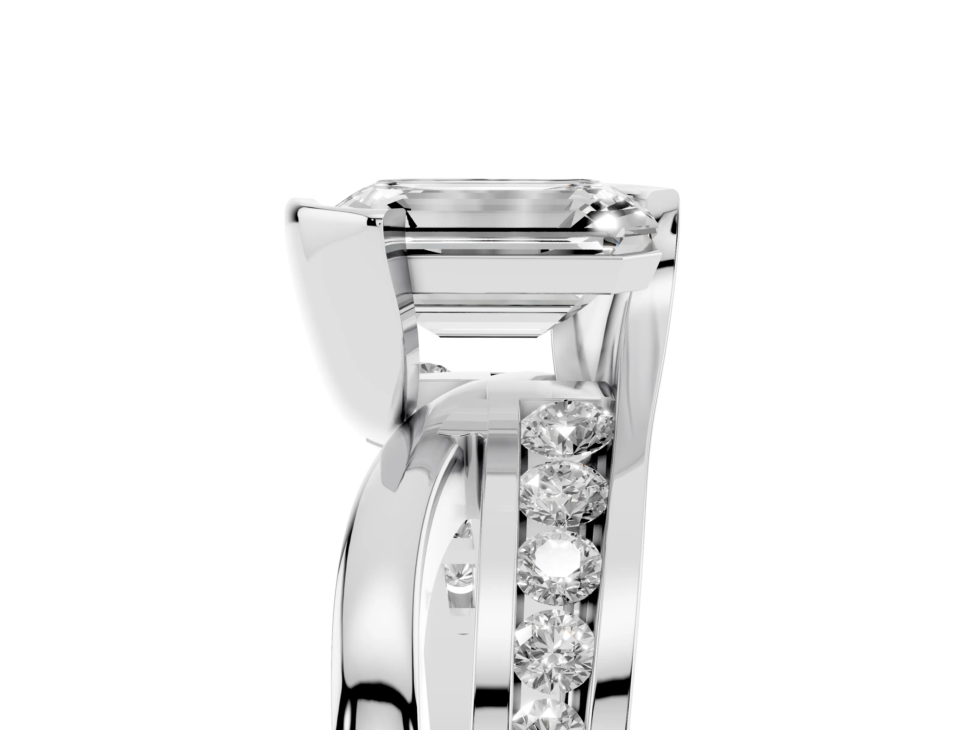 Emerald Cut Diamond Solitaire Ring Set in Silver with Channel Set Split Shank and Tension Prongs