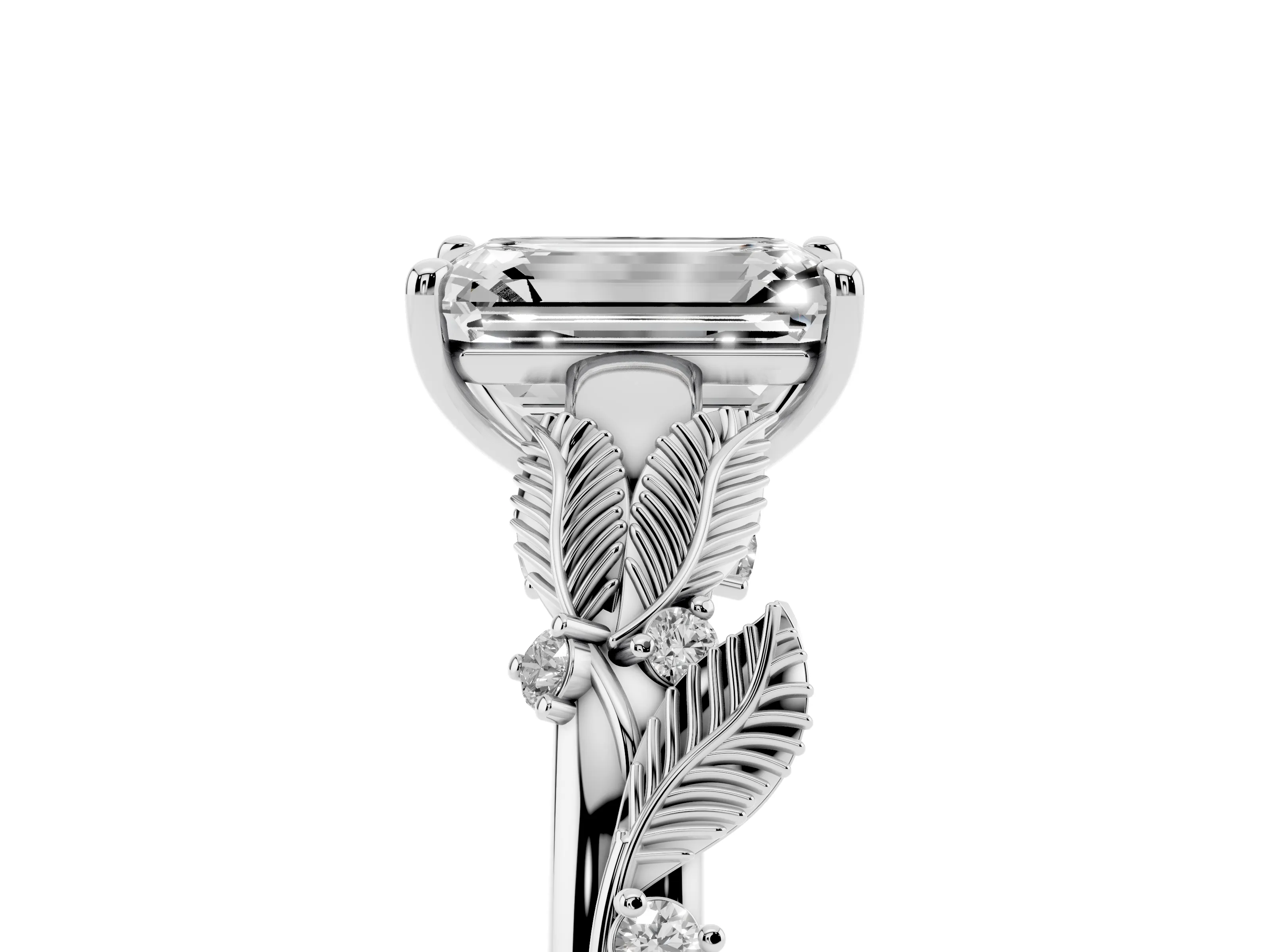 Emerald Cut Diamond Solitaire Ring Set in Platinum with Leaf Motif Band