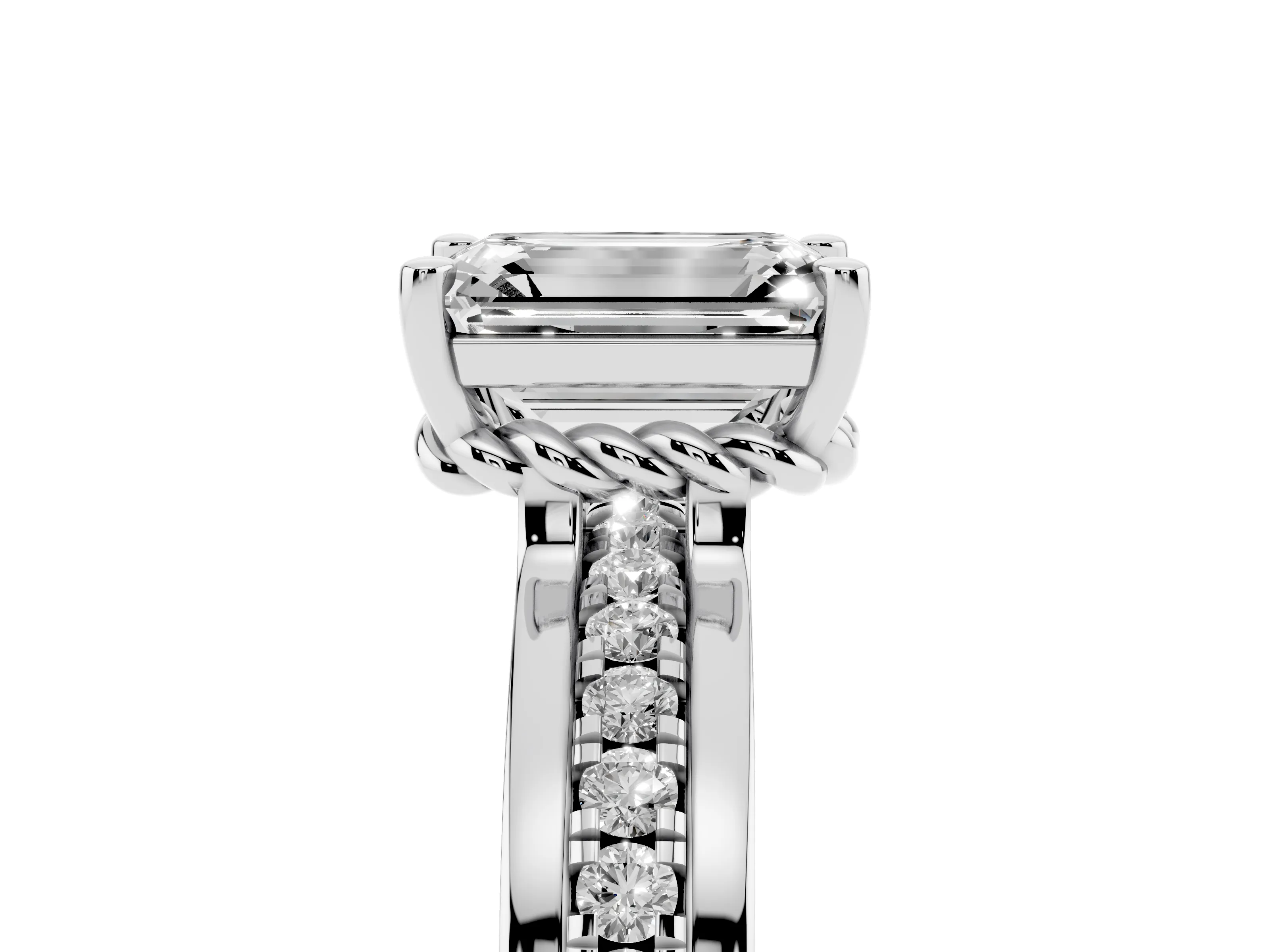 Emerald Cut Diamond Solitaire Ring Set in Platinum with Channel Set Band and Prong Setting