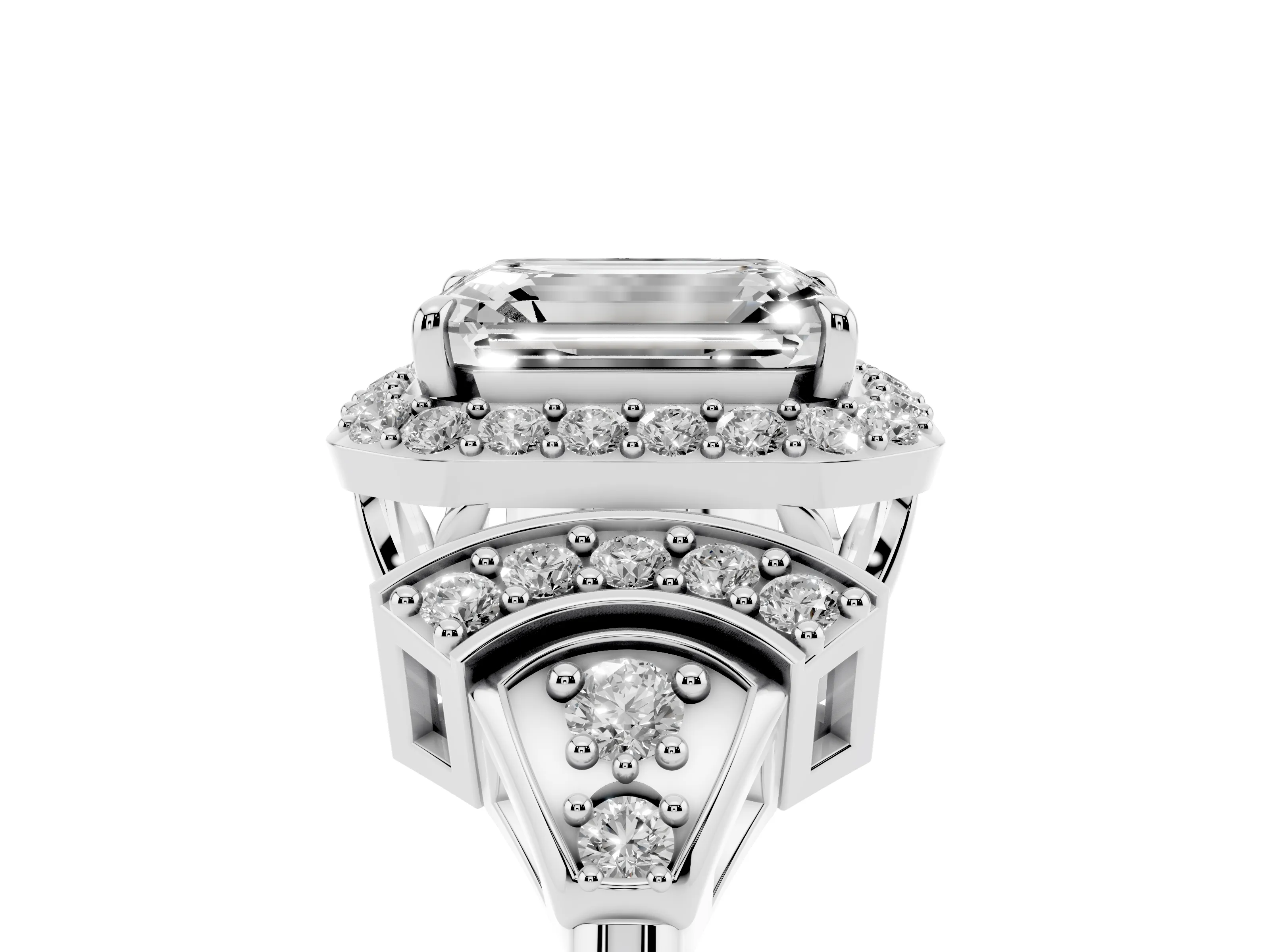 Emerald Cut Diamond Halo Engagement Ring Set in Silver with Accent Stone Split Shank