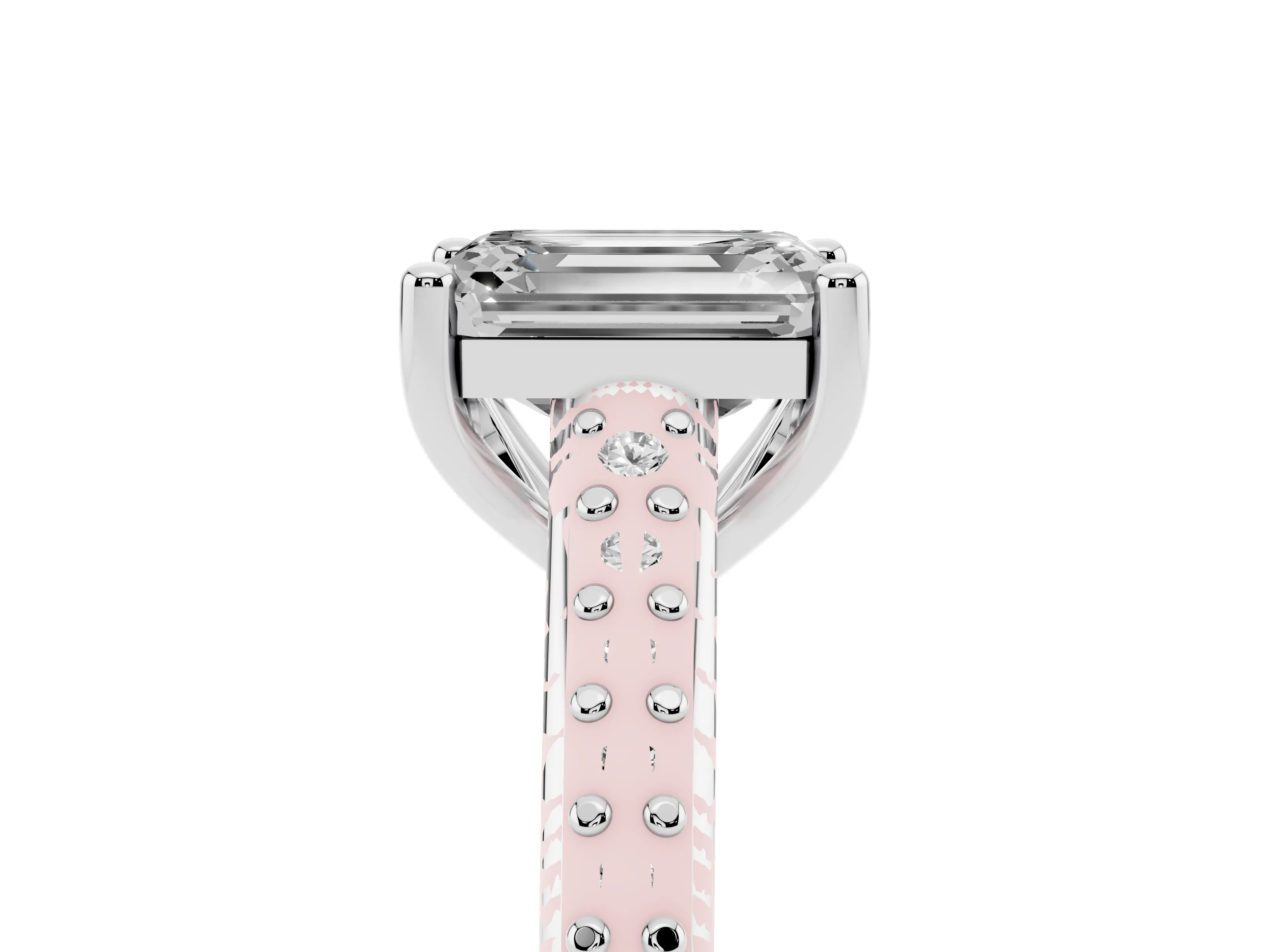 Emerald Cut Diamond Prong Set Solitaire Engagement Ring Set in Platinum with Pavé Band