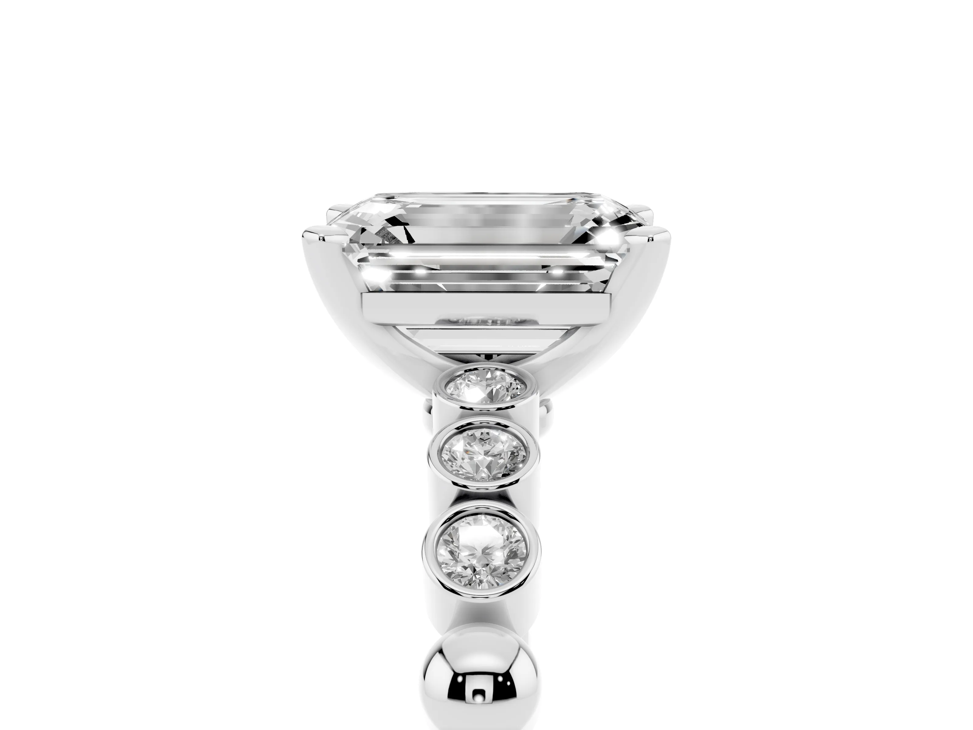 Emerald Cut Diamond Solitaire Engagement Ring Set in Platinum with Bezel Accents on Beaded Band