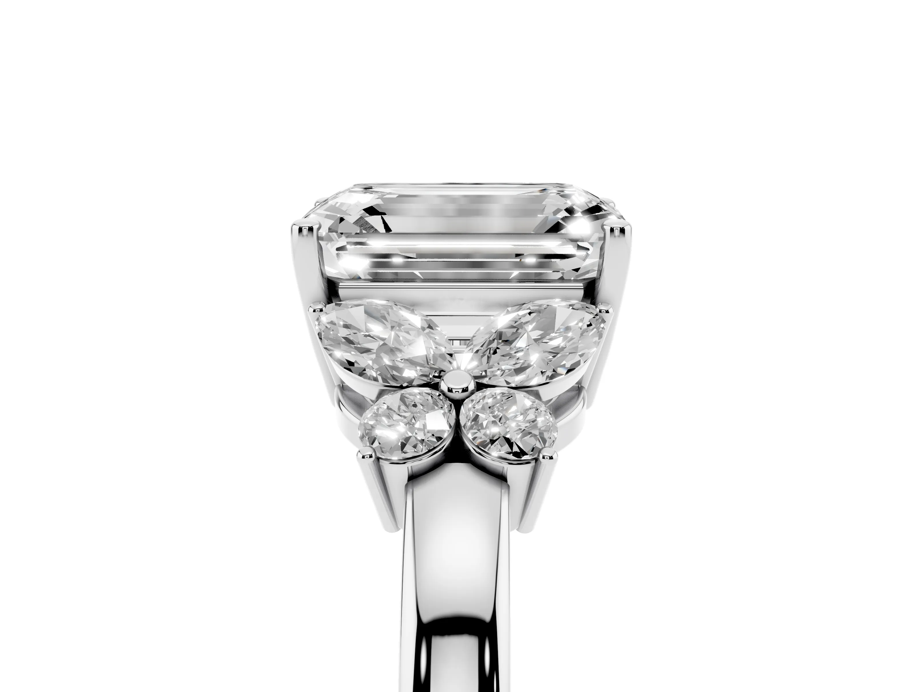 Emerald Cut Diamond Solitaire Floral Ring Set in Platinum with Marquise Petals and Prong Setting
