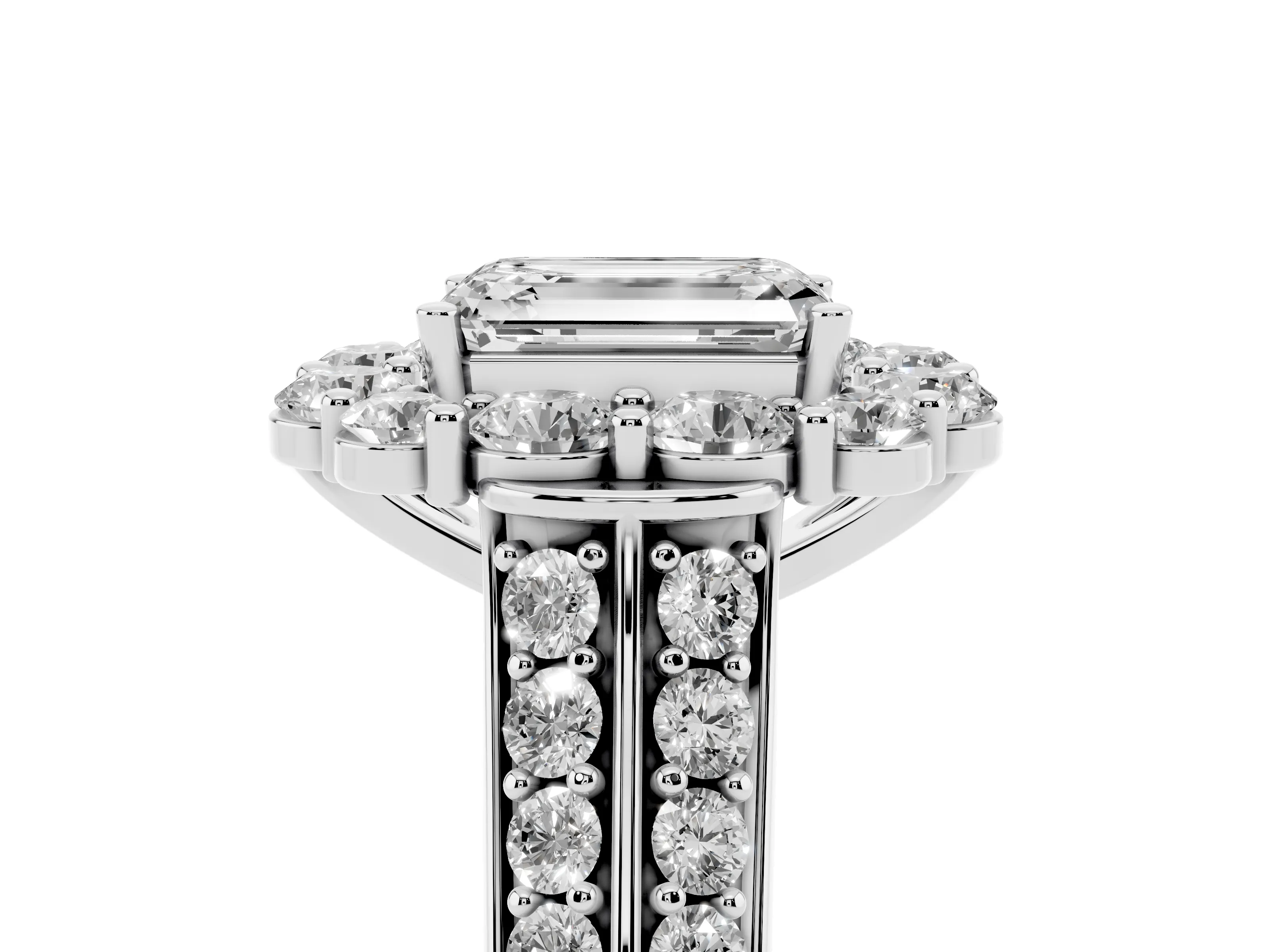 Emerald Cut Diamond Halo Engagement Ring Set in Platinum with Split Shank and Prong Setting