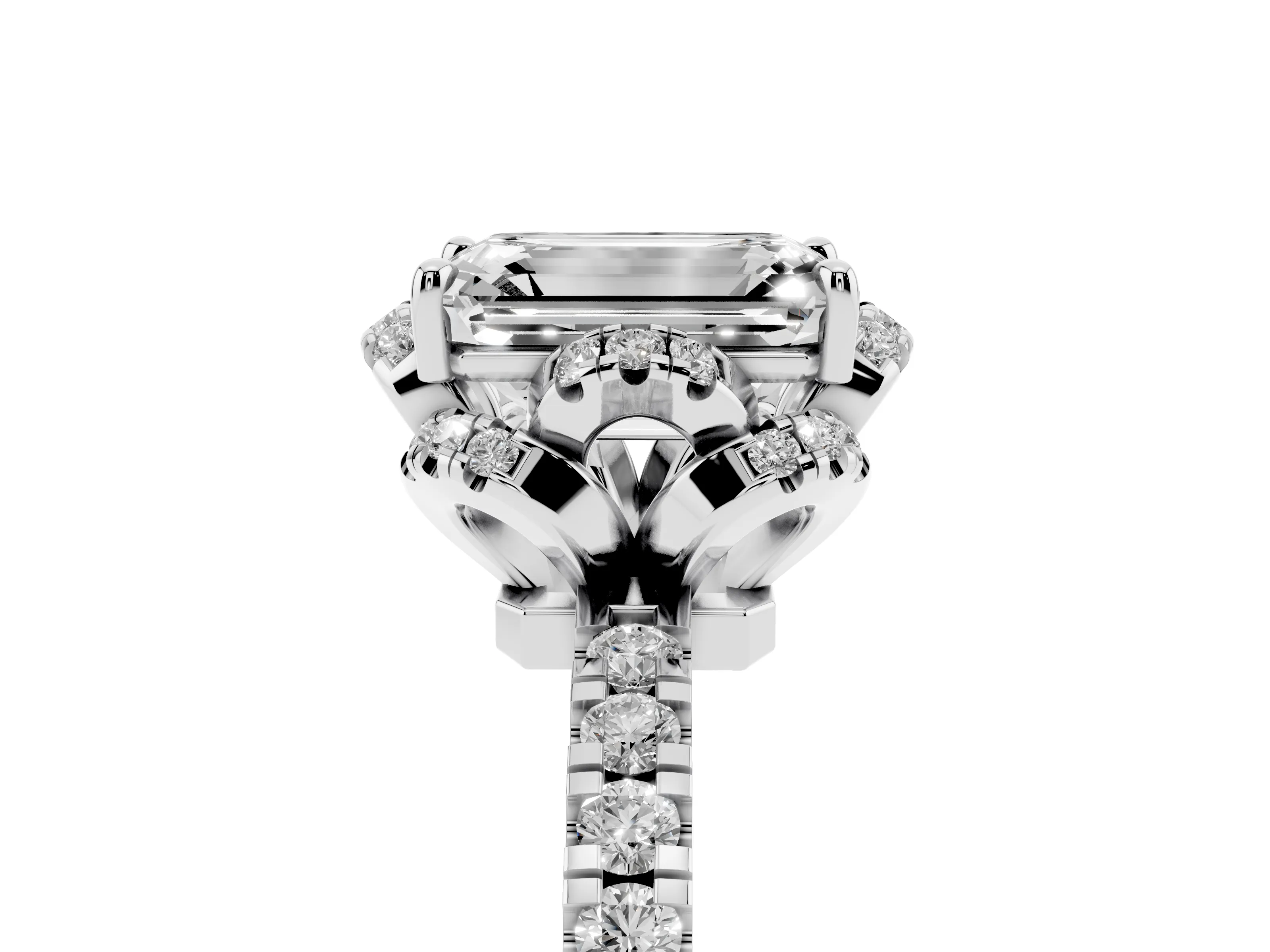 Emerald Cut Diamond Halo Pavé Band Ring Set in Platinum with Prong-Held Center