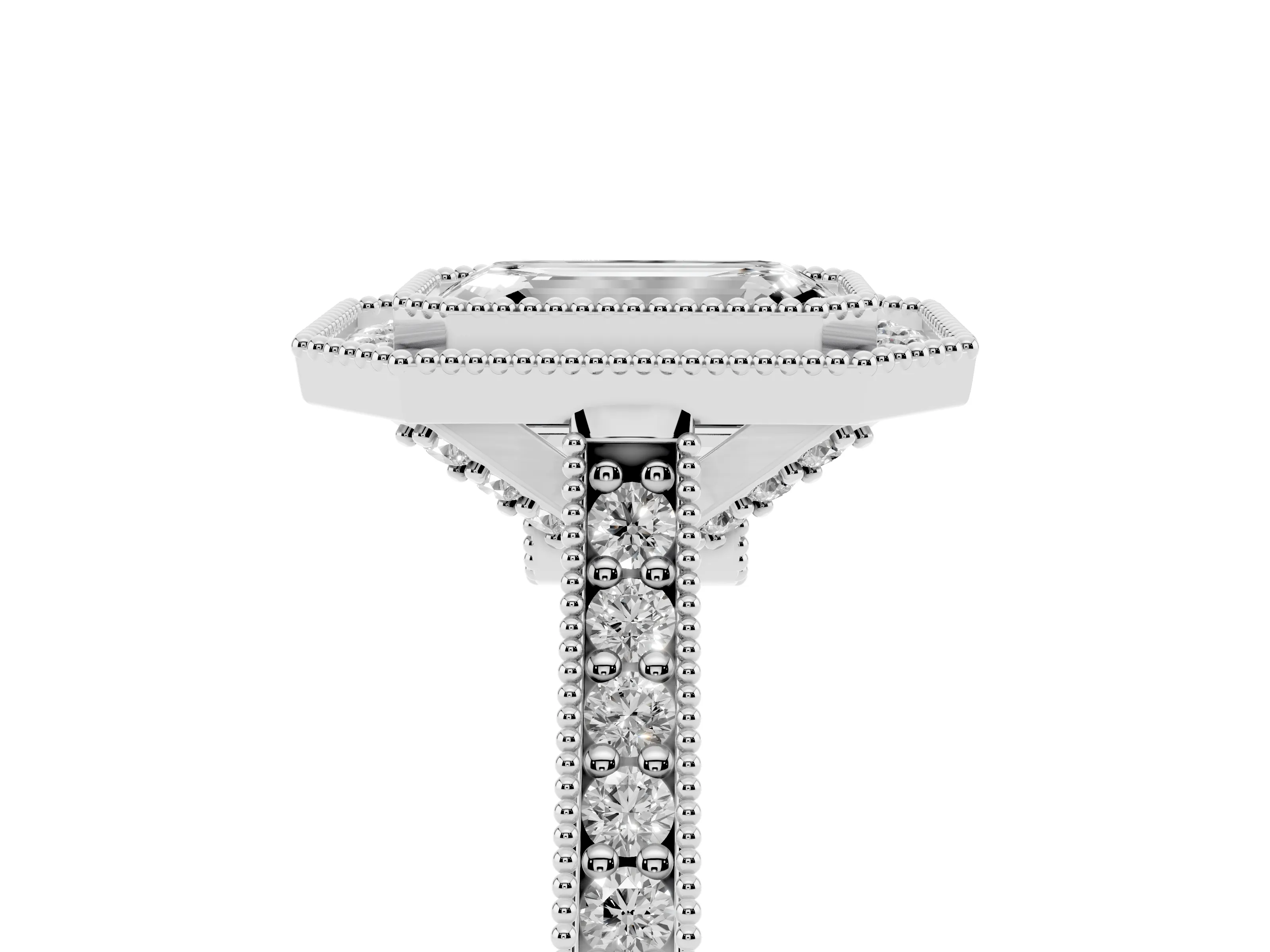Emerald Cut Diamond Halo Milgrain Pavé Band Ring Set in White gold with Prong Setting