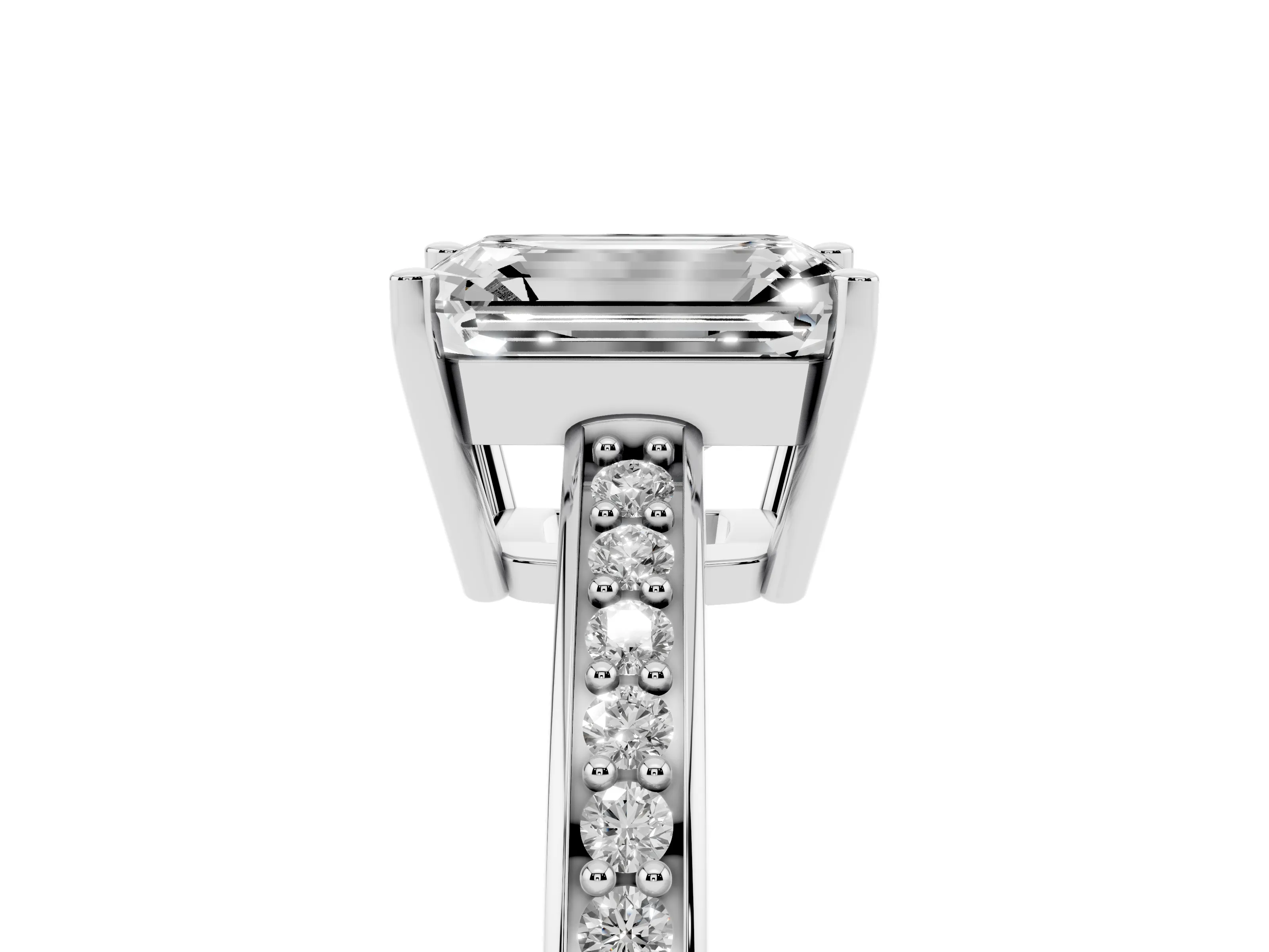 Emerald Cut Diamond Pavé Band Prong Set Solitaire Ring Set in White gold