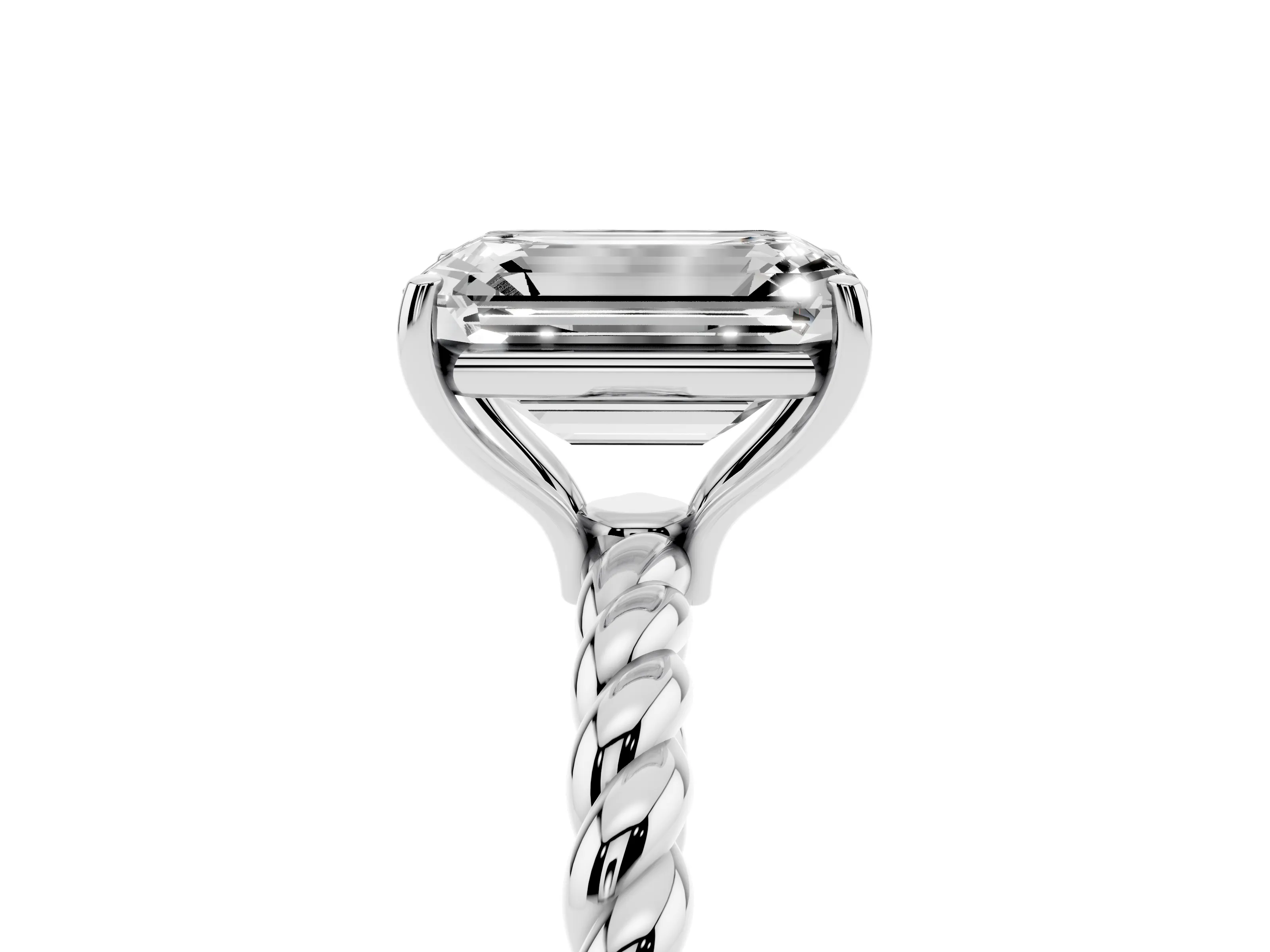 Emerald Cut Diamond Solitaire Ring Set in White gold with Twist Band and Prong Setting