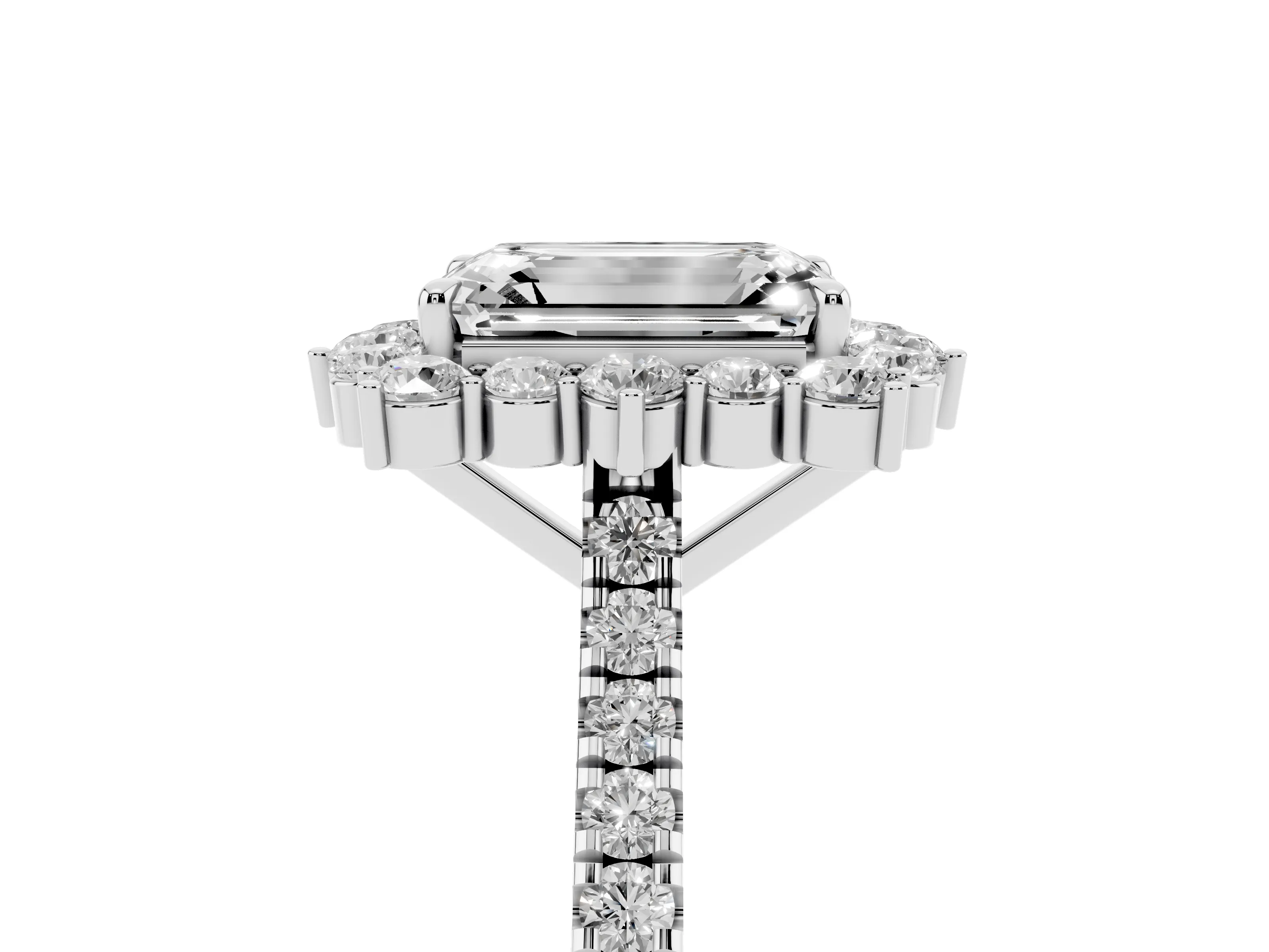 Emerald Cut Diamond Halo Ring Set in Silver with Pavé Band and Prong Setting