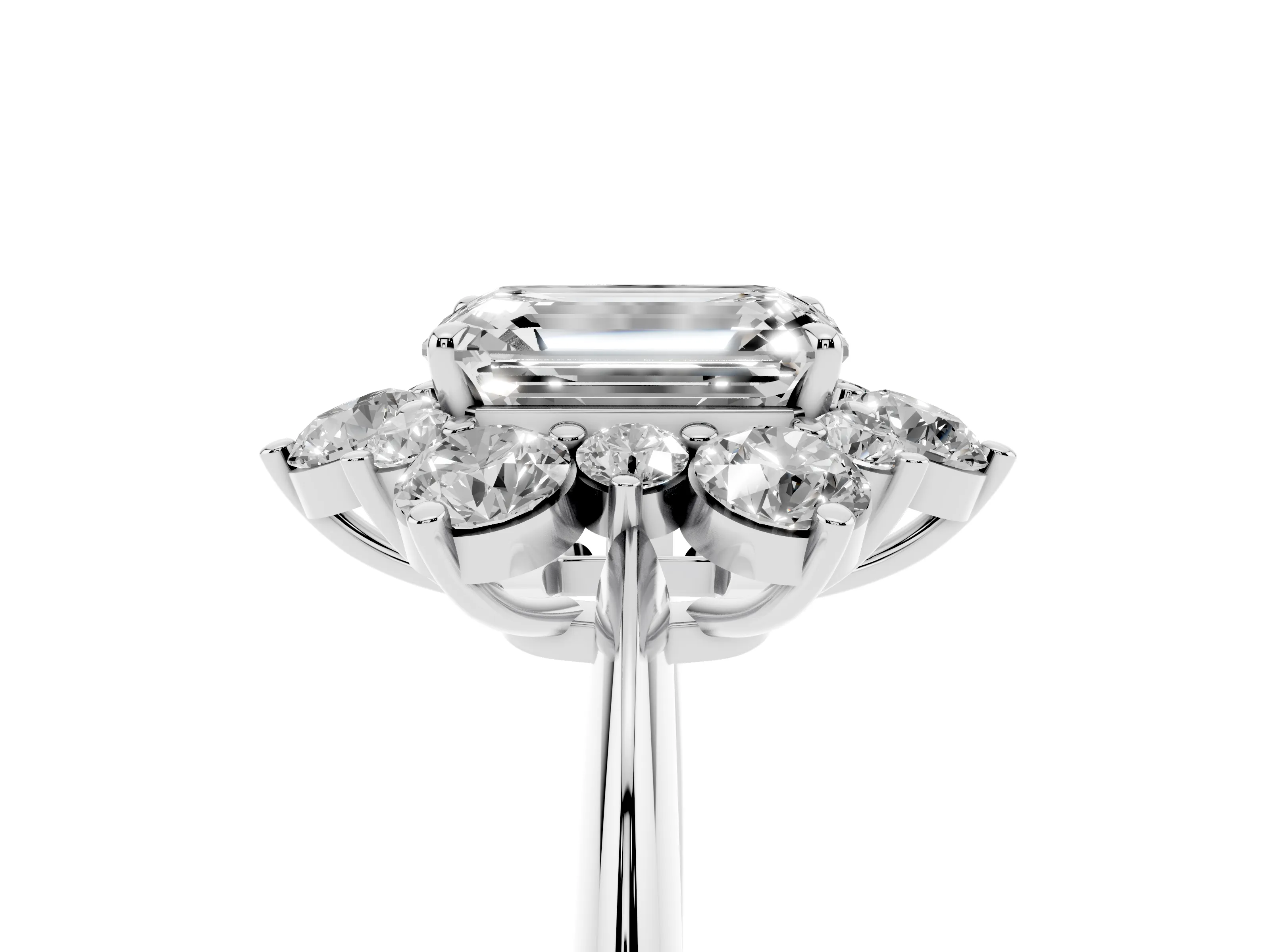 Emerald Cut Diamond Cluster Halo Ring Set in White gold with Solitaire Band and Prong Setting