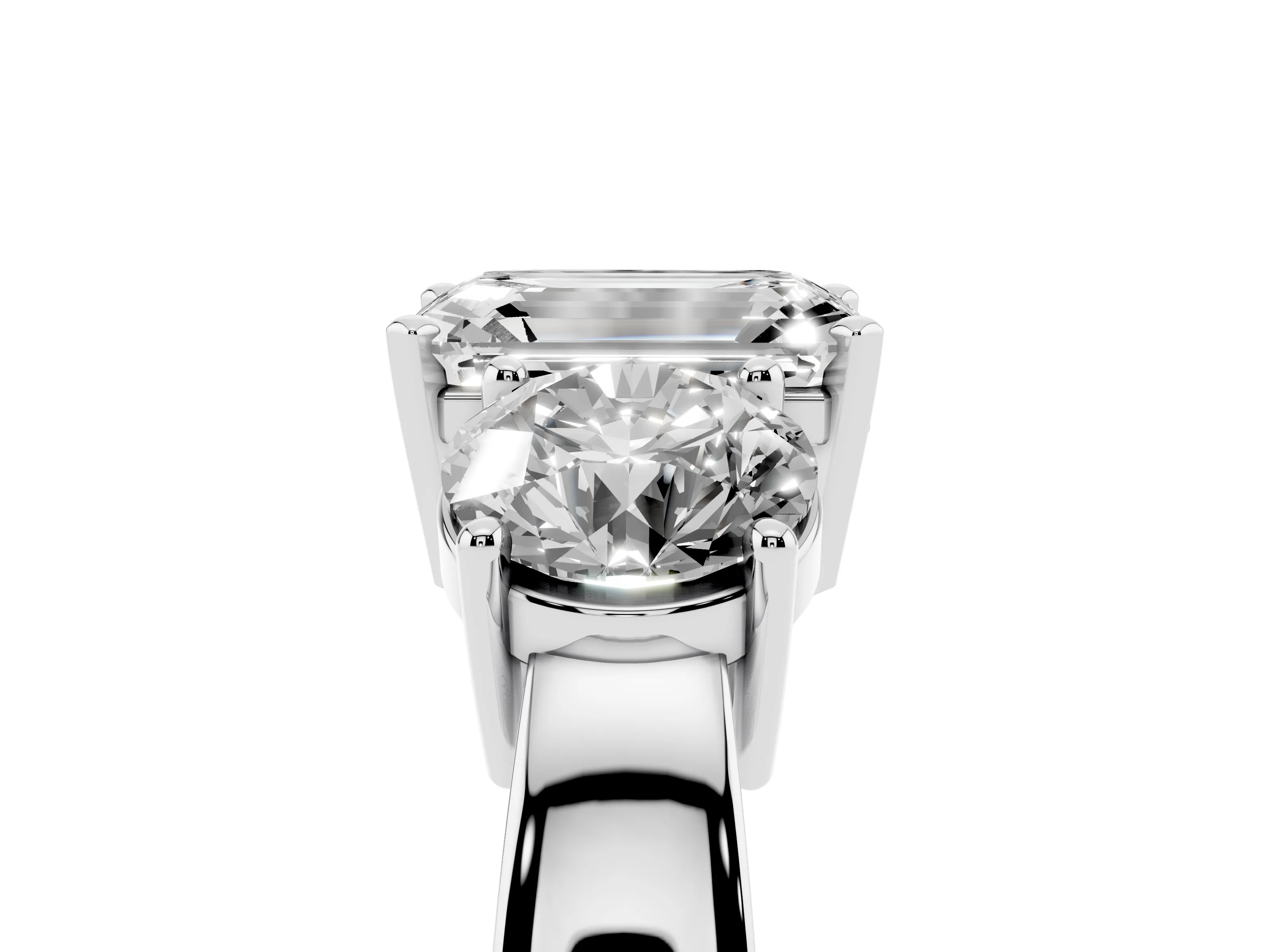 Emerald Cut Diamond Three-Stone Ring Set in White gold with Round Side Stones and Classic Band