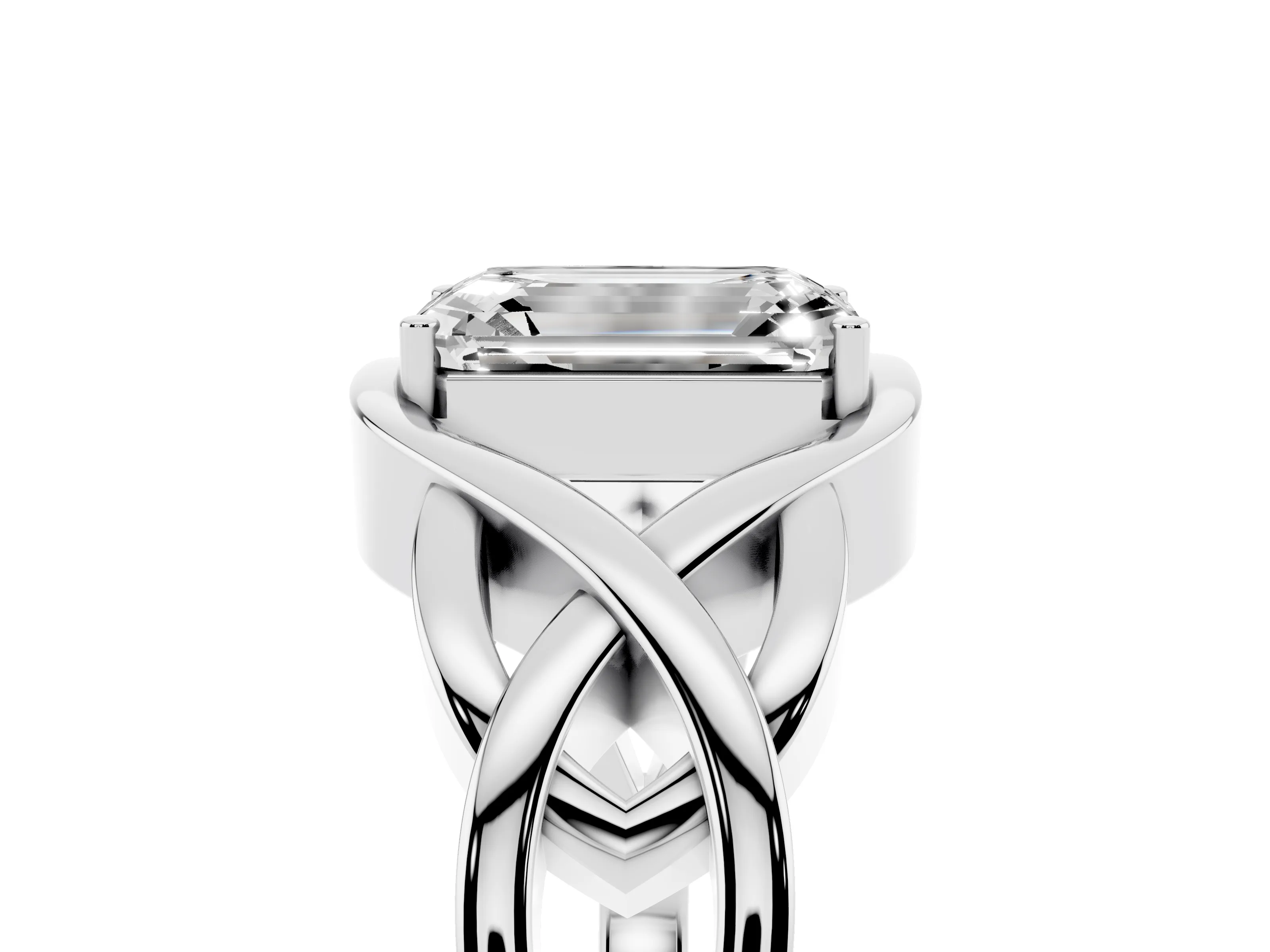Emerald Cut Diamond Solitaire Ring Set in Silver with Intertwined Band