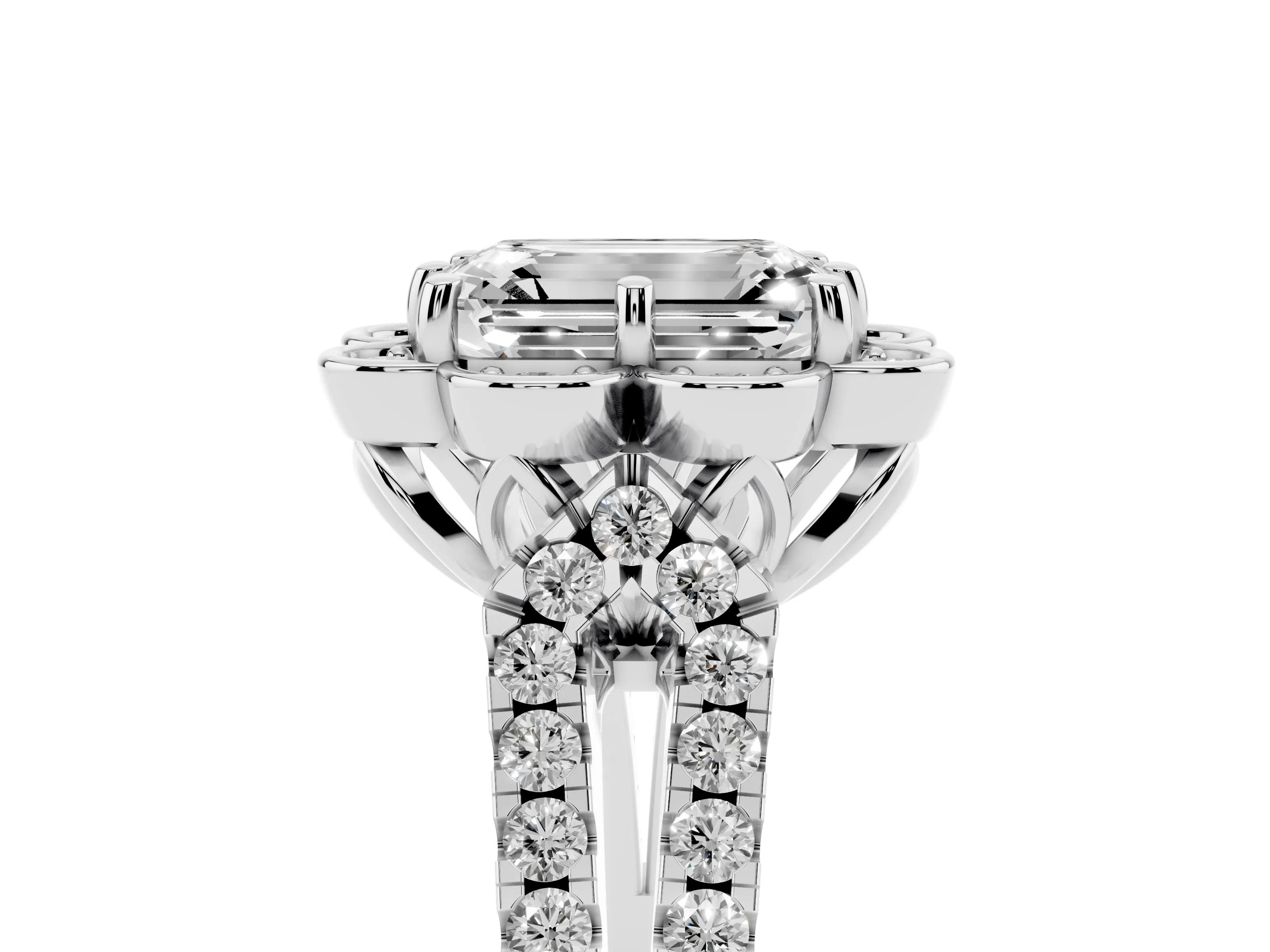 Emerald Cut Diamond Floral Halo Split Shank Engagement Ring Set in Silver with Pavé Shank