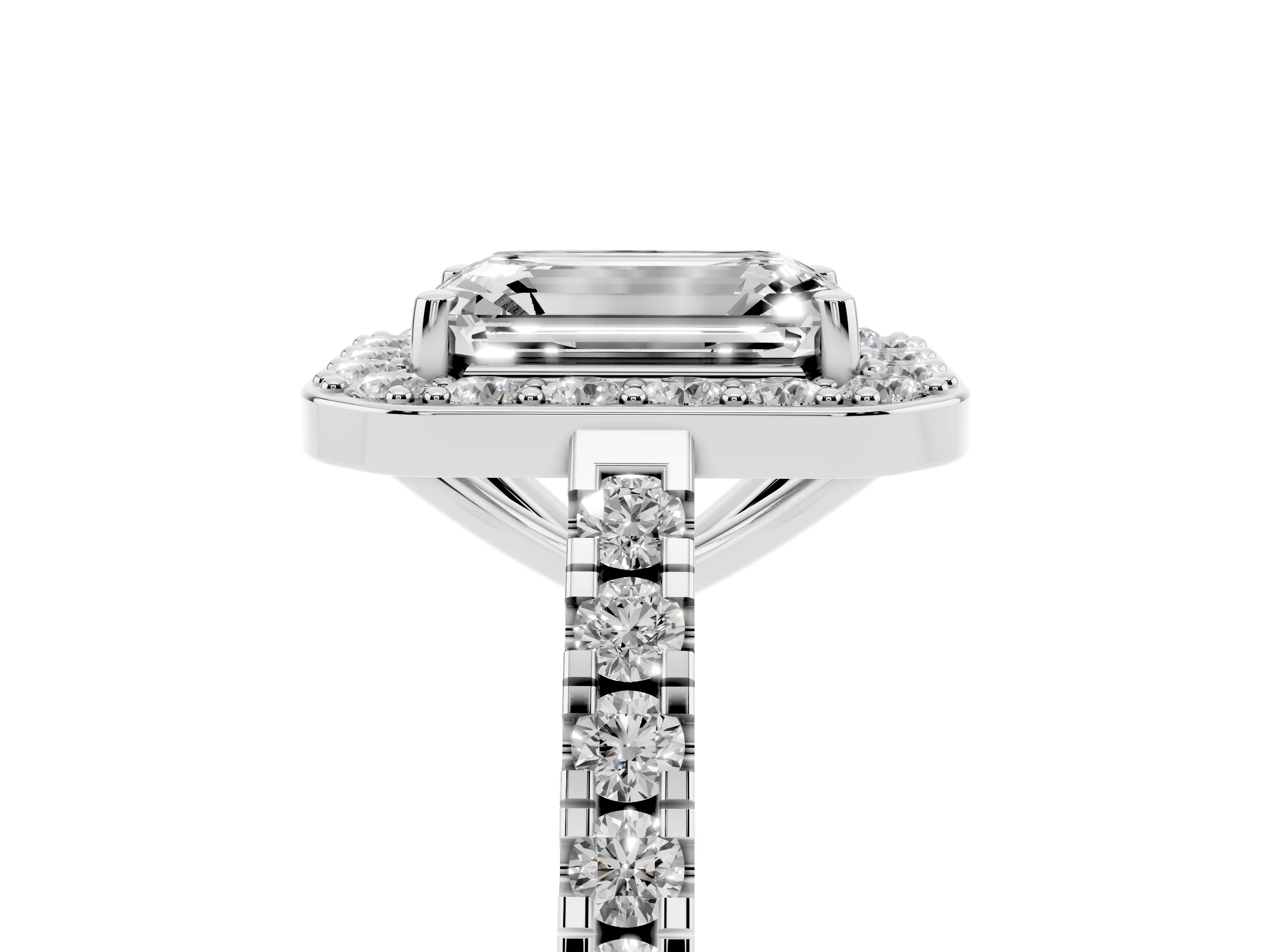 Emerald Cut Diamond Halo Ring Set in Platinum with Round Pavé Split Shank and Prong Setting