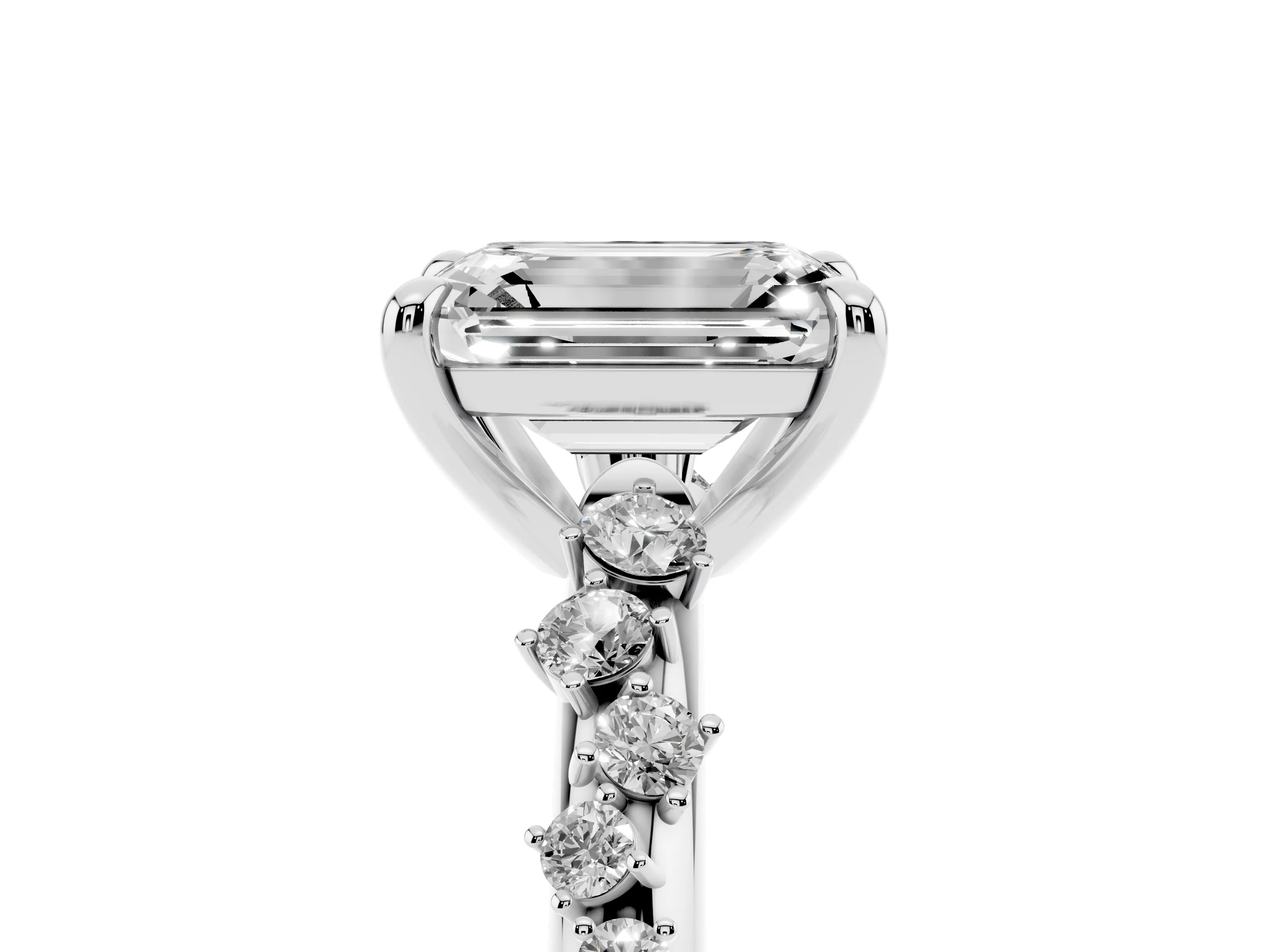 Emerald Cut Diamond Solitaire Vine Band Ring Set in White gold with Round Accents and Prong Setting