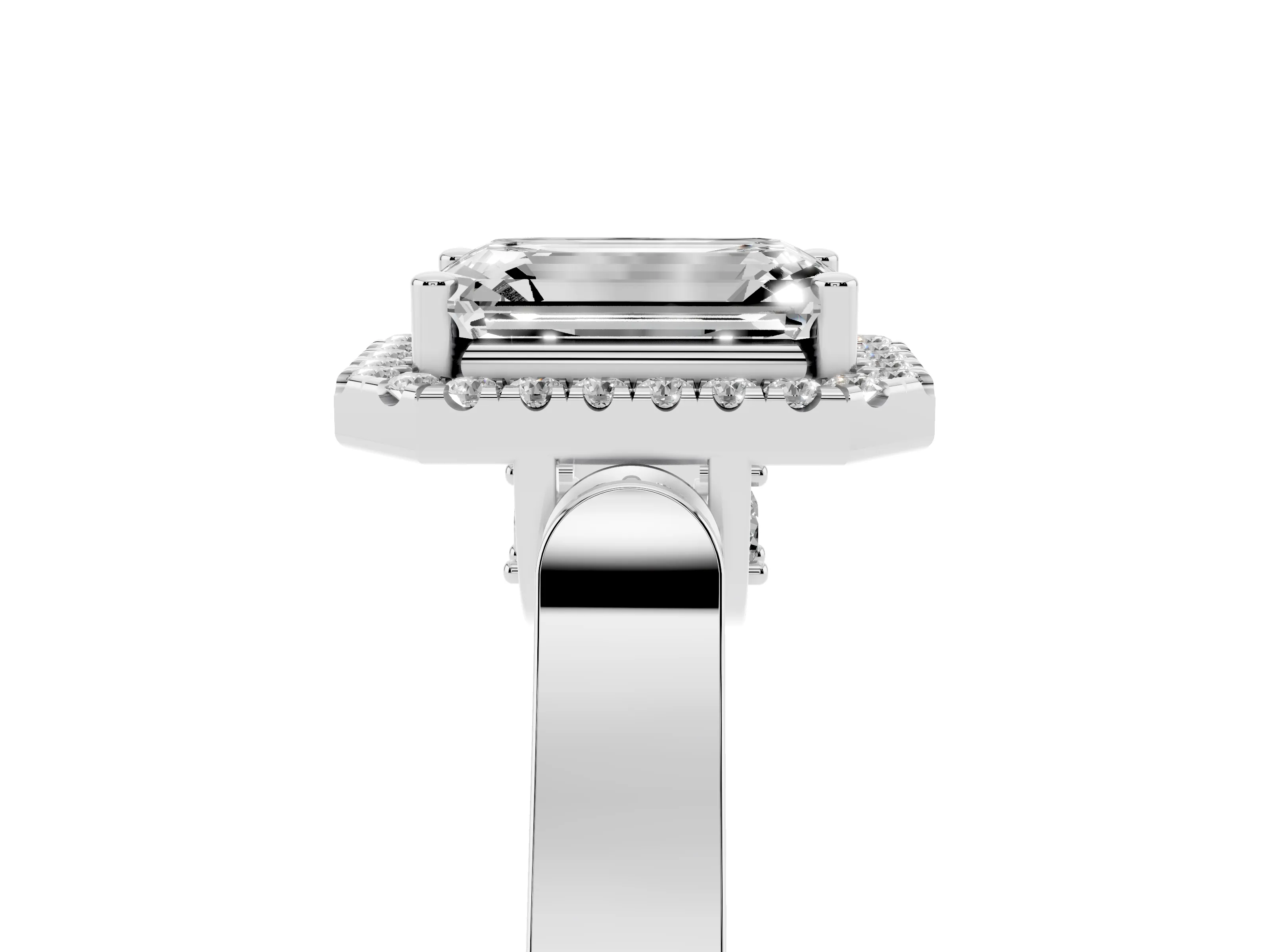 Emerald Cut Diamond Halo Ring Set in Platinum with Pavé-Lined Split Shank Band