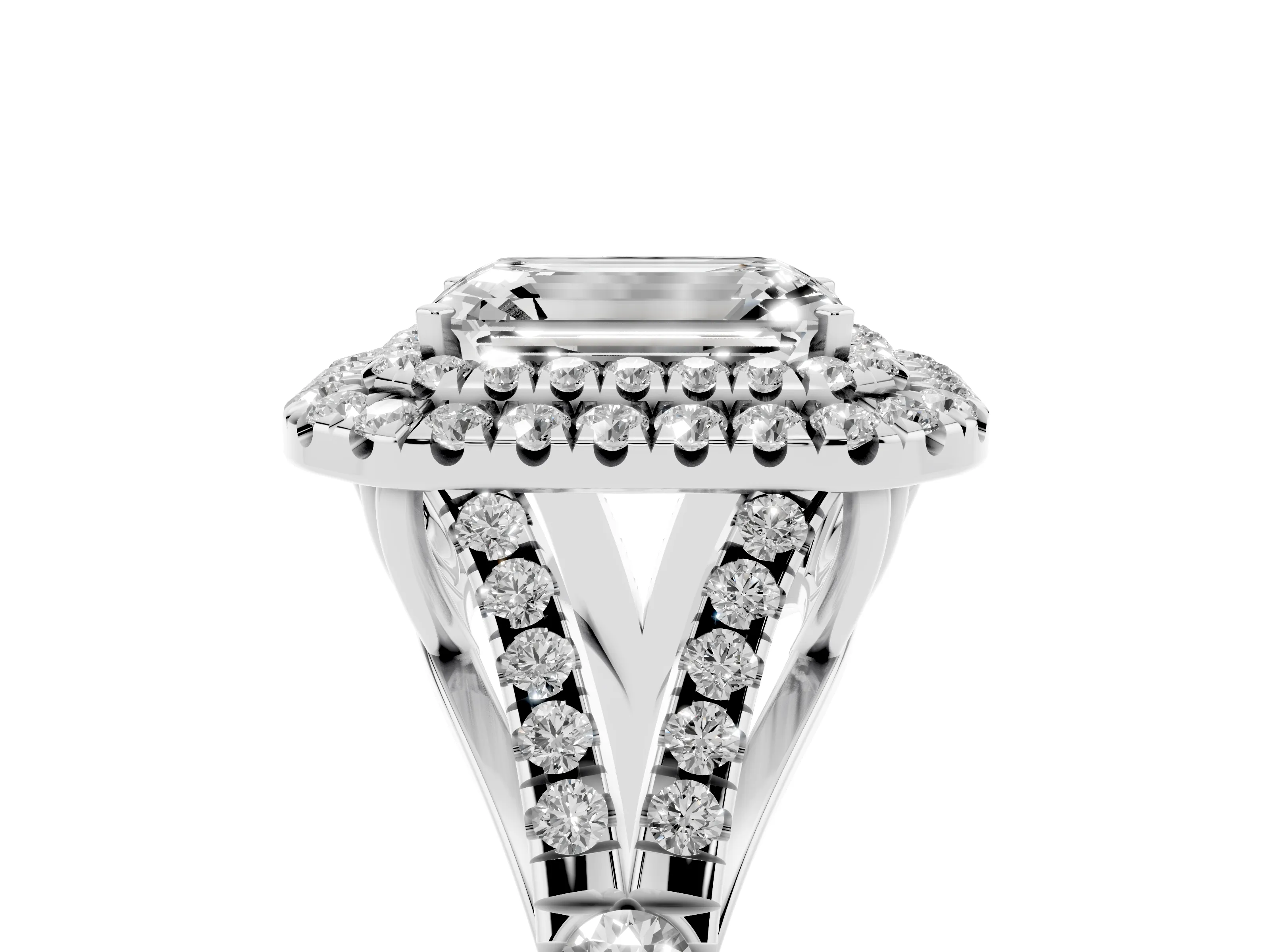 Emerald Cut Diamond Pavé Split Shank Double Halo Engagement Ring Set in White gold