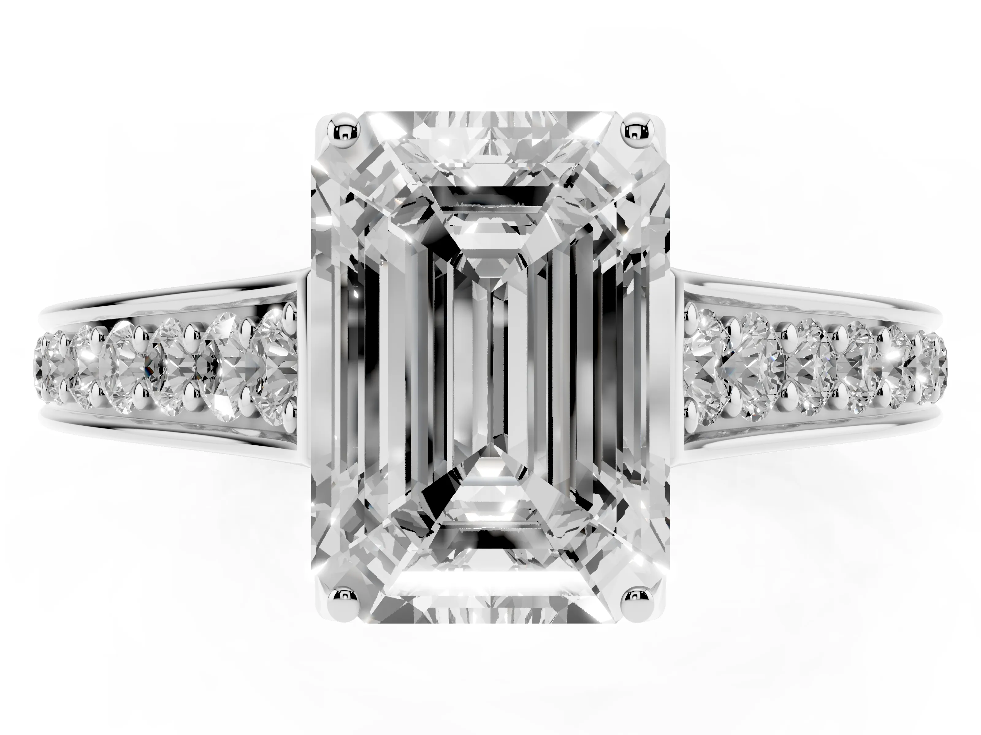 Emerald Cut Diamond Solitaire Pavé Engagement Ring Set in White gold with Prong Setting