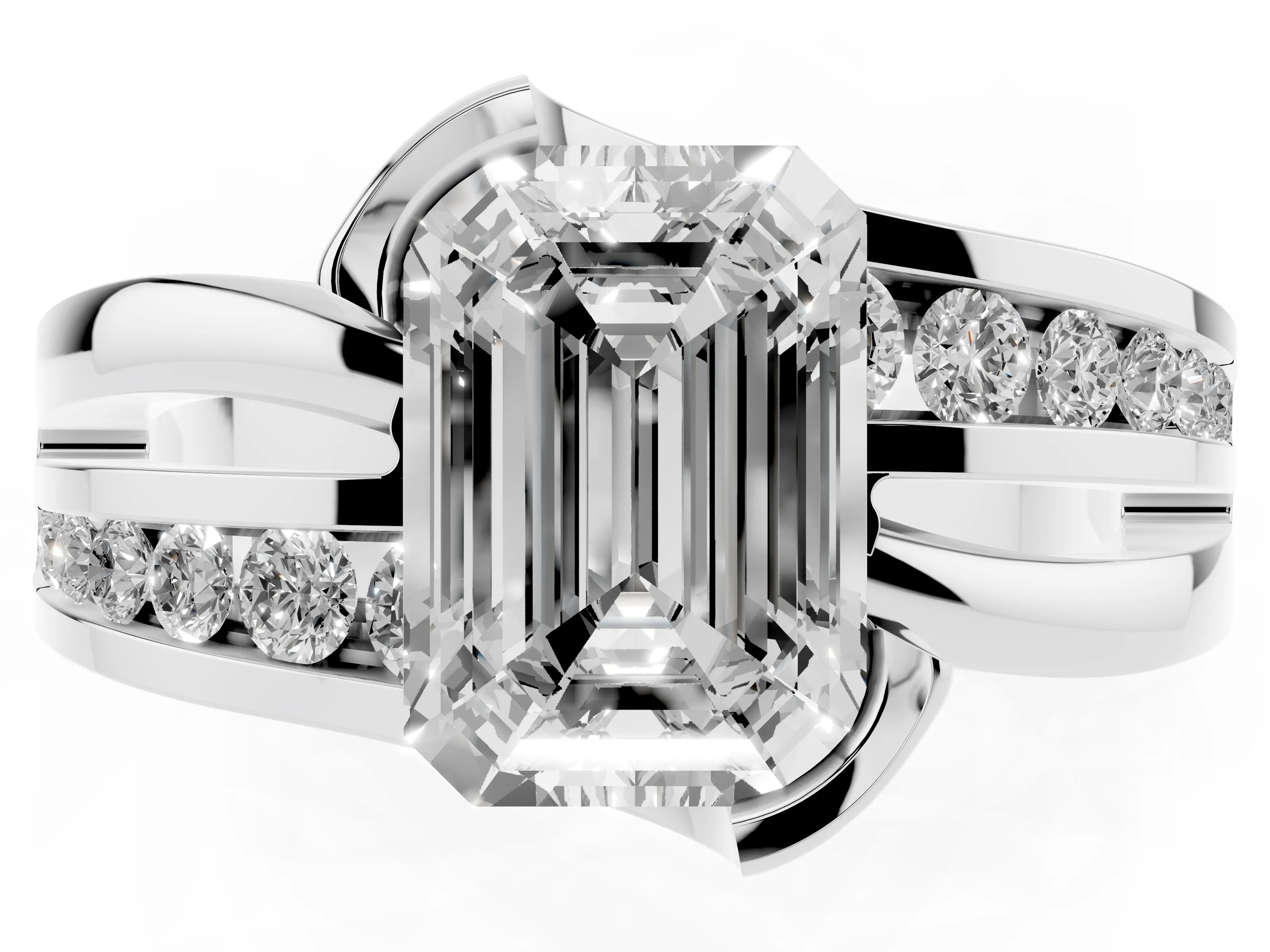 Emerald Cut Diamond Solitaire Ring Set in Silver with Channel Set Split Shank and Tension Prongs