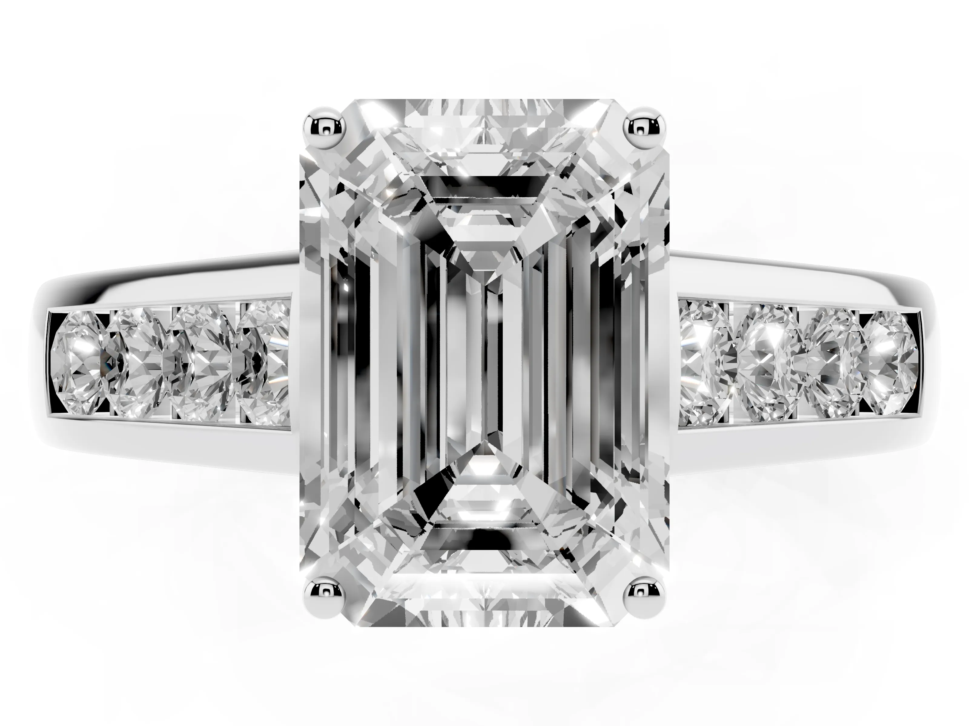 Emerald Cut Diamond Brilliant Channel-Set Solitaire Ring Set in White gold with Prong Setting