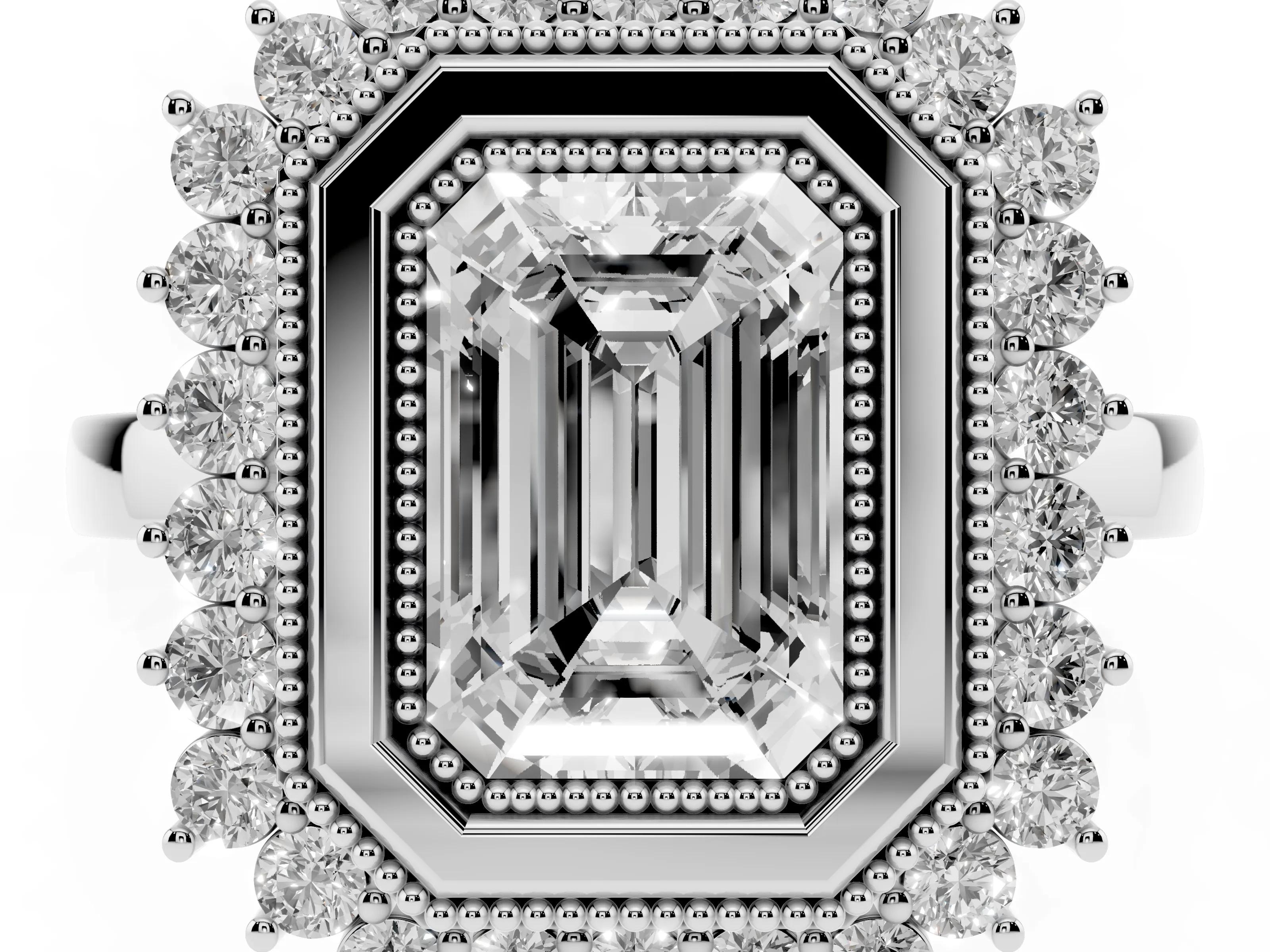 Emerald Cut Diamond Halo Ring Set in Silver with Milgrain Edge and Round Prong Setting