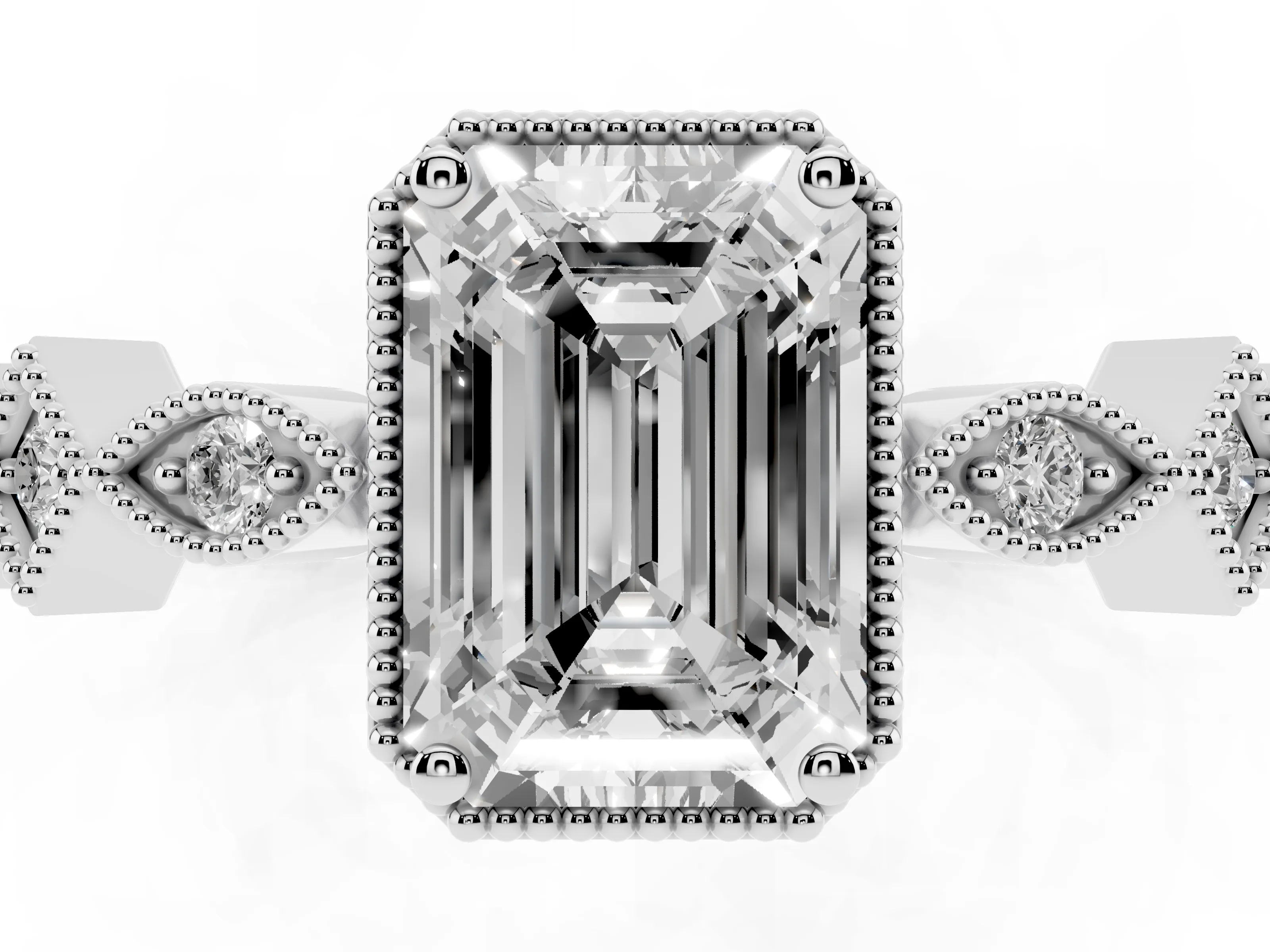 Emerald Cut Diamond Milgrain Marquise Twist Band Ring Set in White gold with Prong Setting