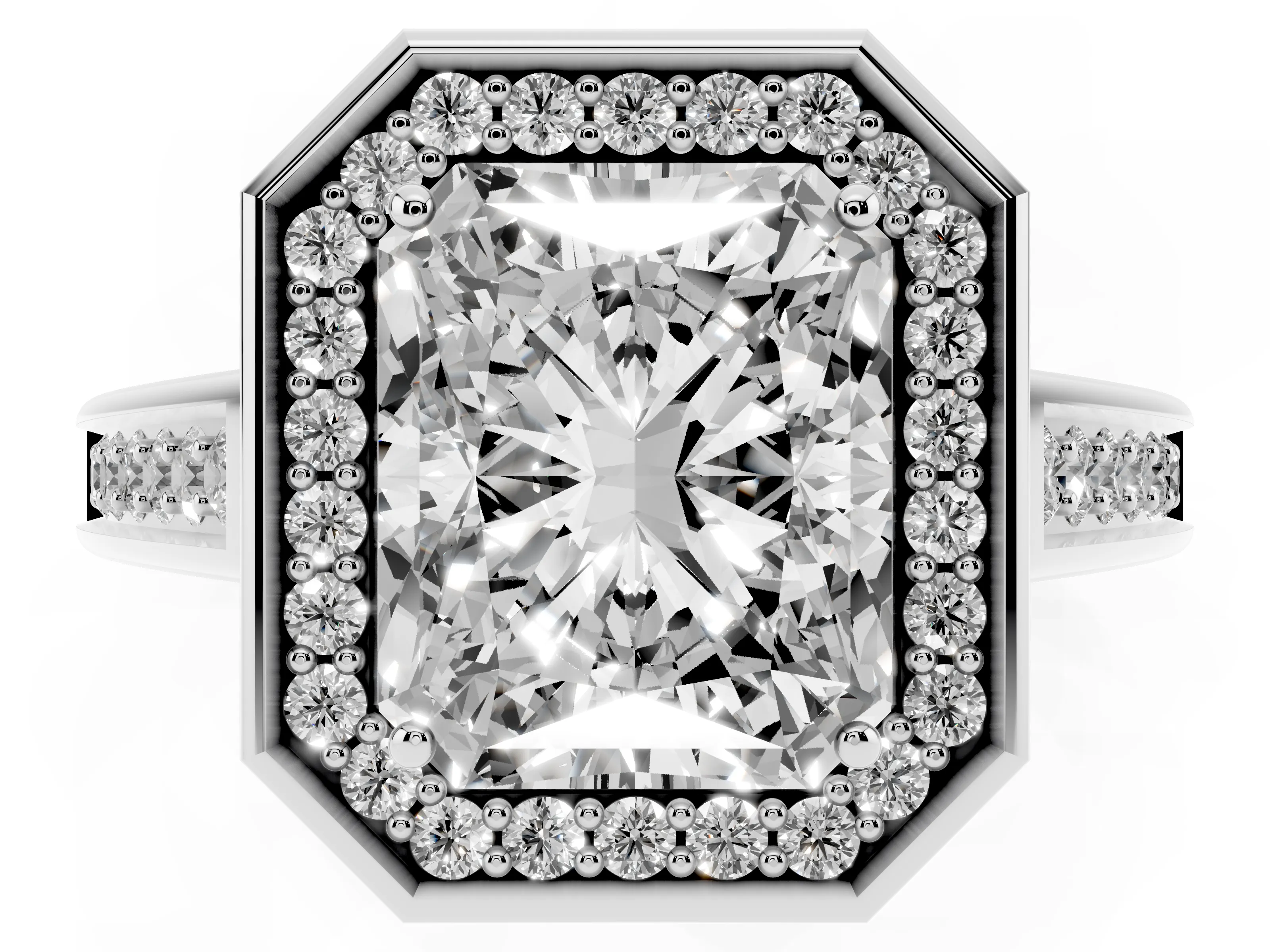 Emerald Cut Diamond Halo Solitaire Ring Set in Platinum with Pavé Band and Bezel Setting