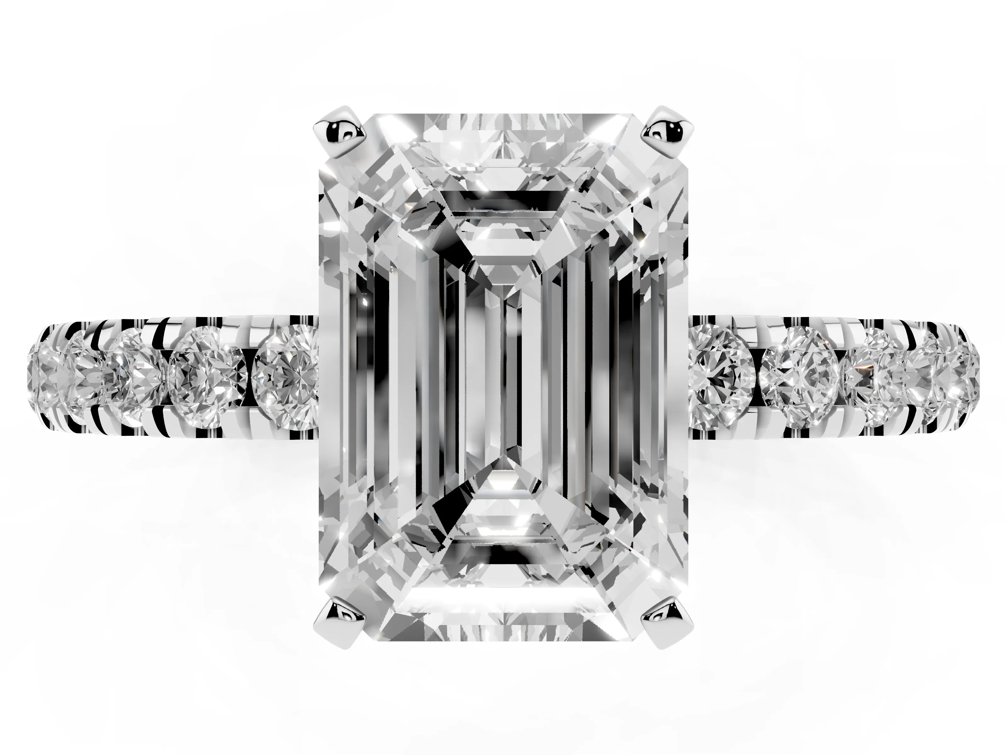 Emerald Cut Diamond Solitaire Ring Set in Silver with Pavé Accents and Prong Setting