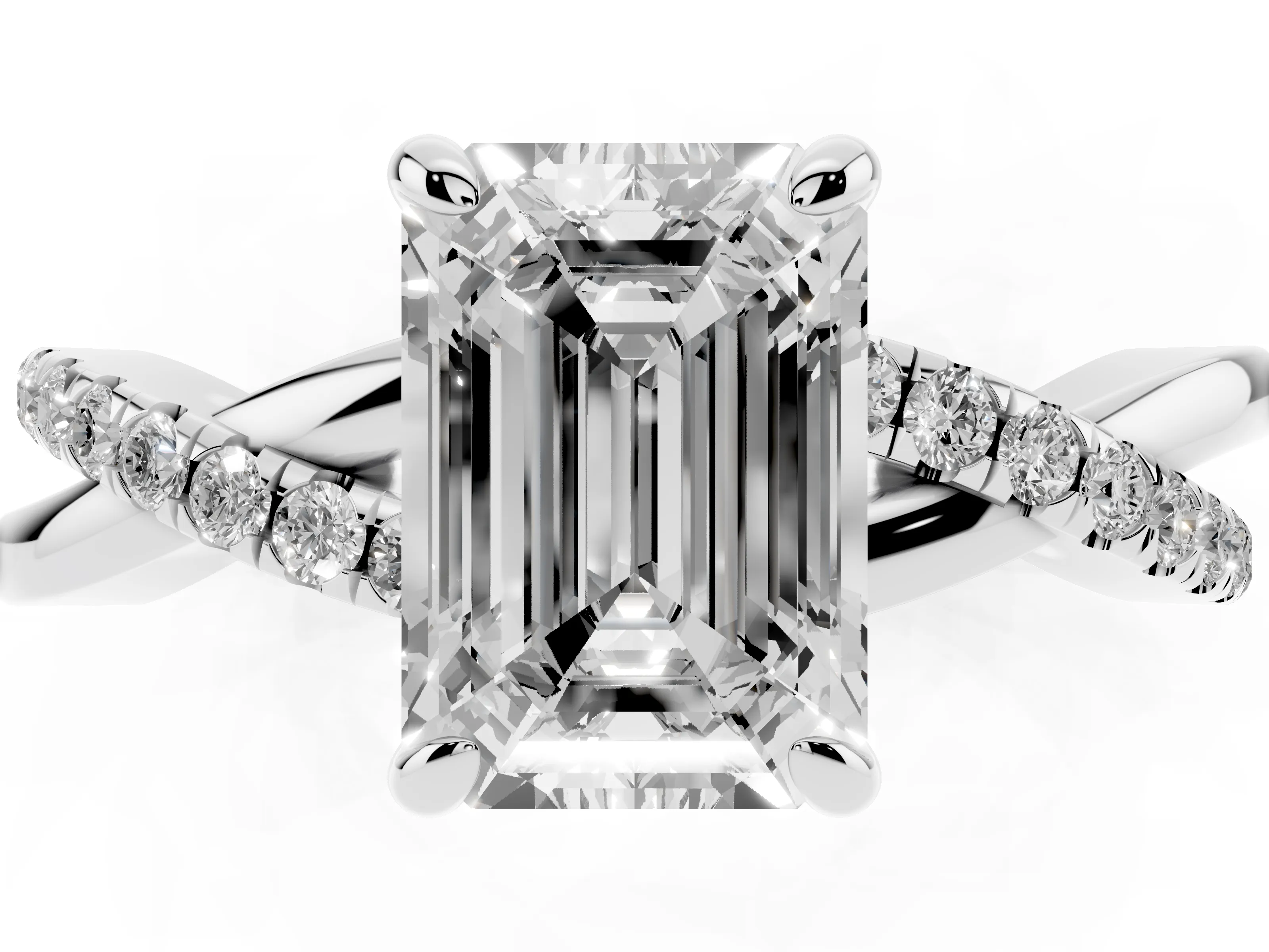Emerald Cut Diamond Twist Band Solitaire Set in Platinum with Pavé Accents and Prong Setting