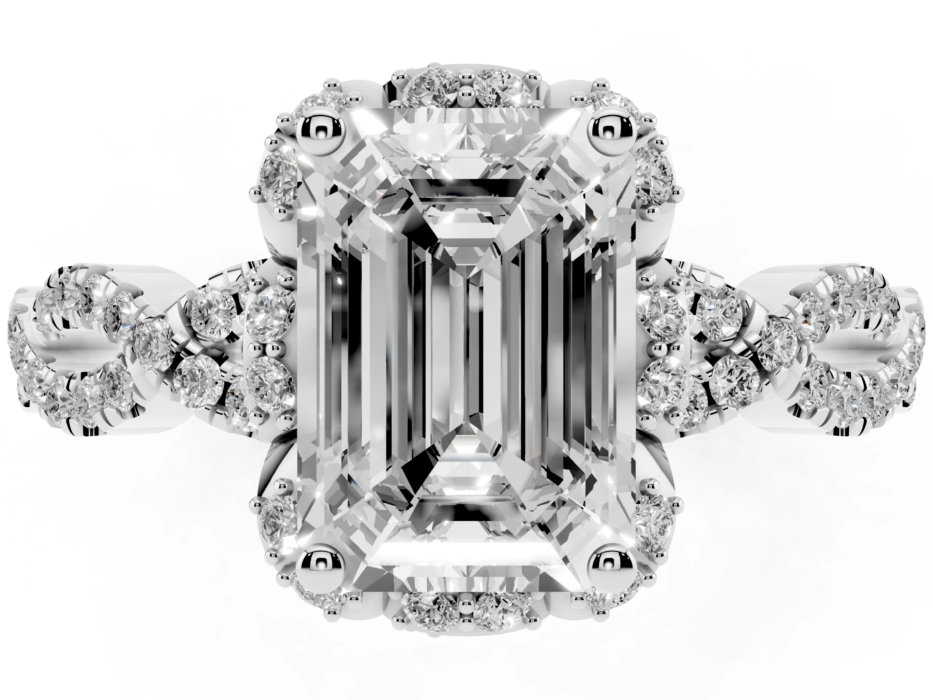 Emerald Cut Diamond Halo Twist Band Solitaire Ring Set in Silver with Prong-Set Center Stone