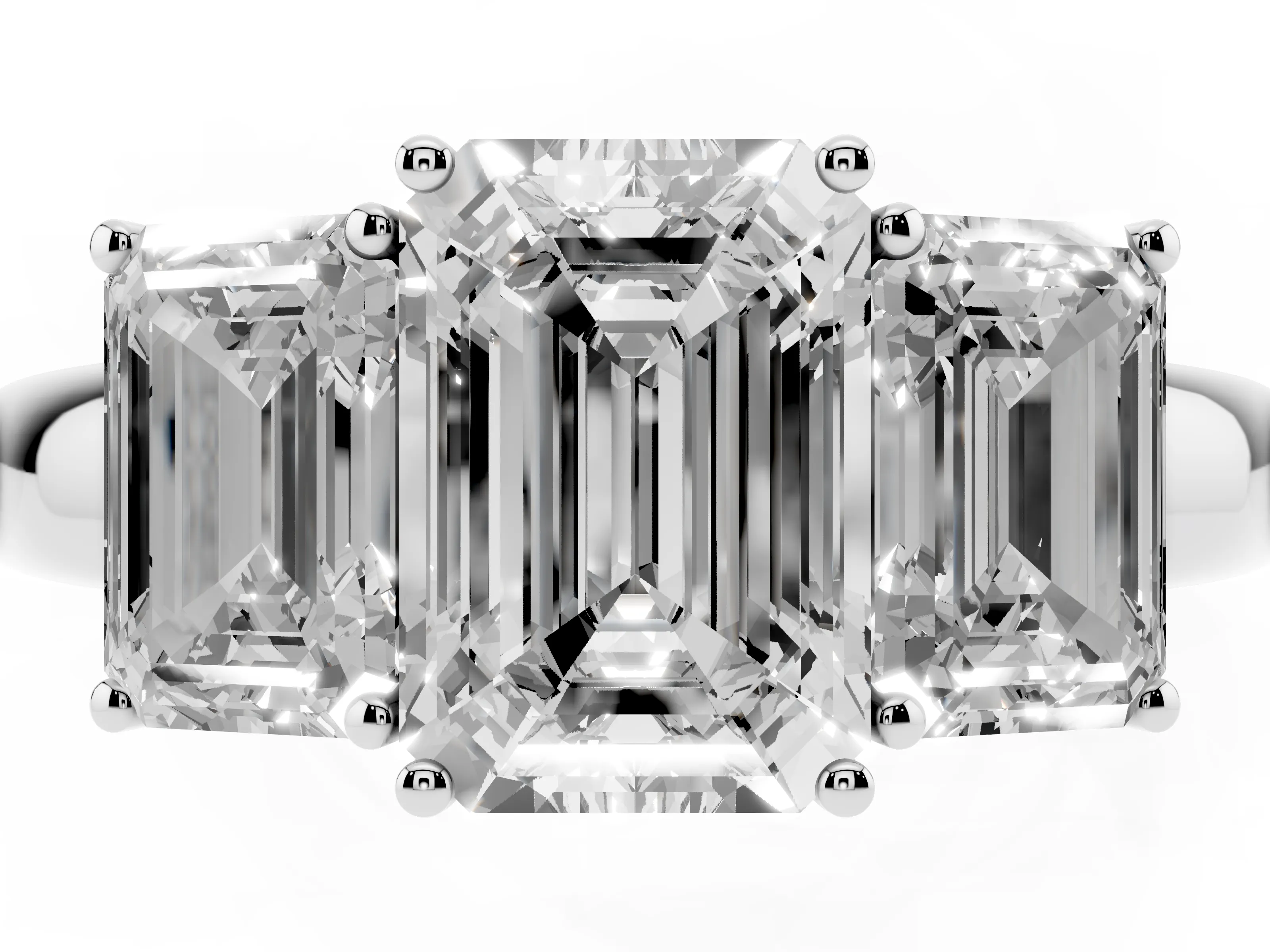 Emerald Cut Diamond Three-Stone Ring Set in Platinum with Bold Center and Classic Band