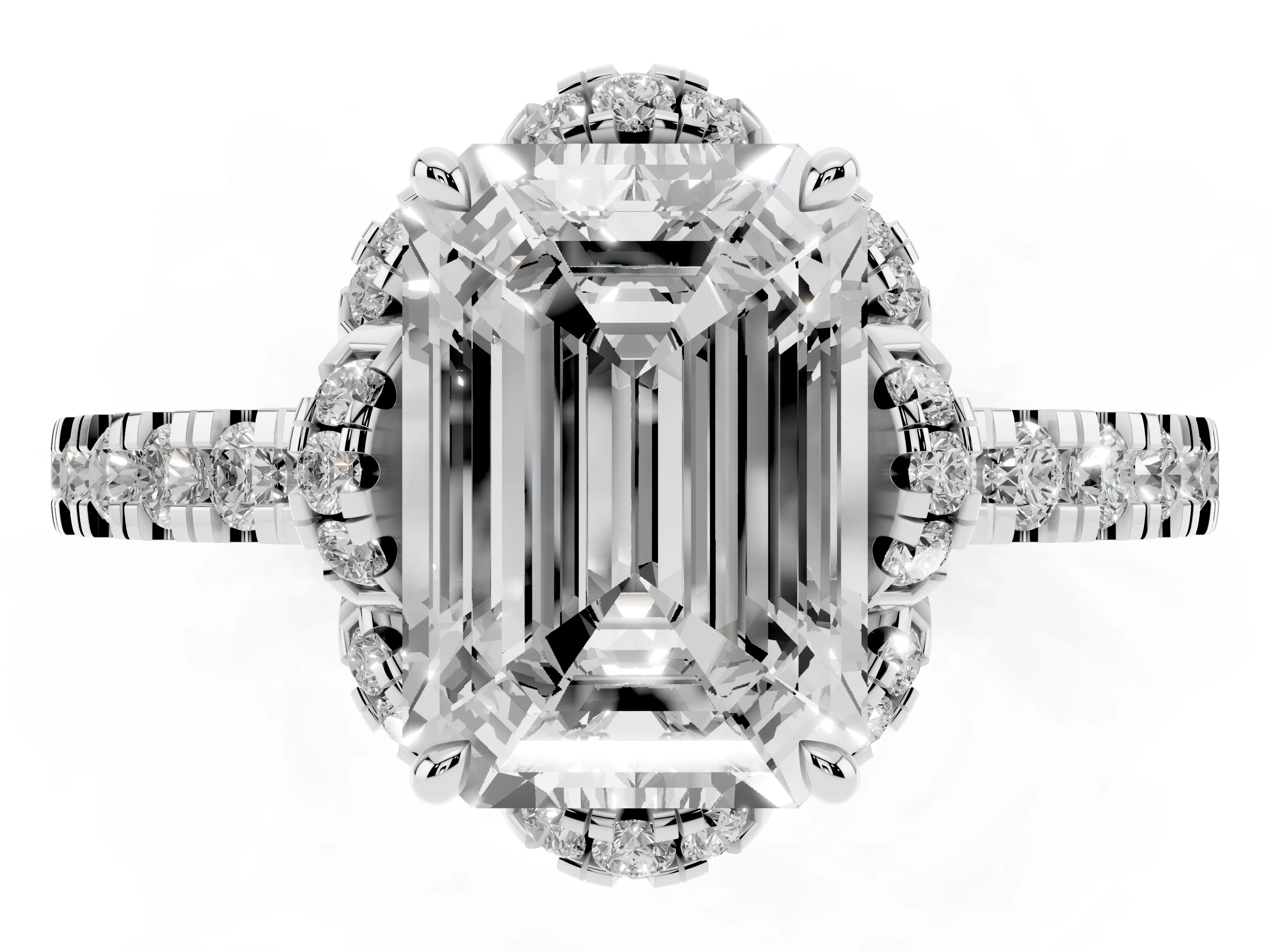 Emerald Cut Diamond Halo Pavé Band Ring Set in Platinum with Prong-Held Center
