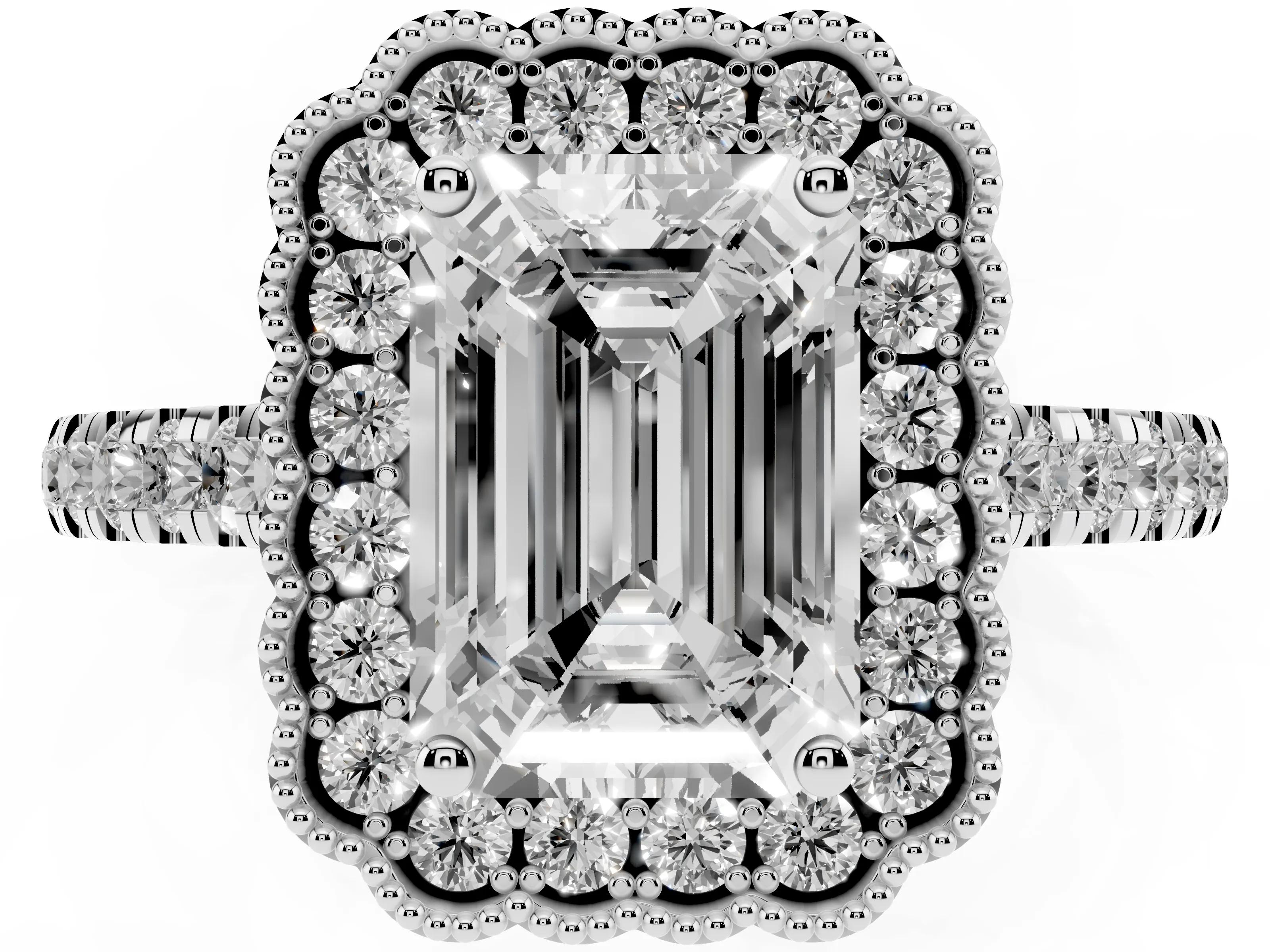 Emerald Cut Diamond Milgrain Floral Halo Engagement Ring Set in Platinum with Pavé Band