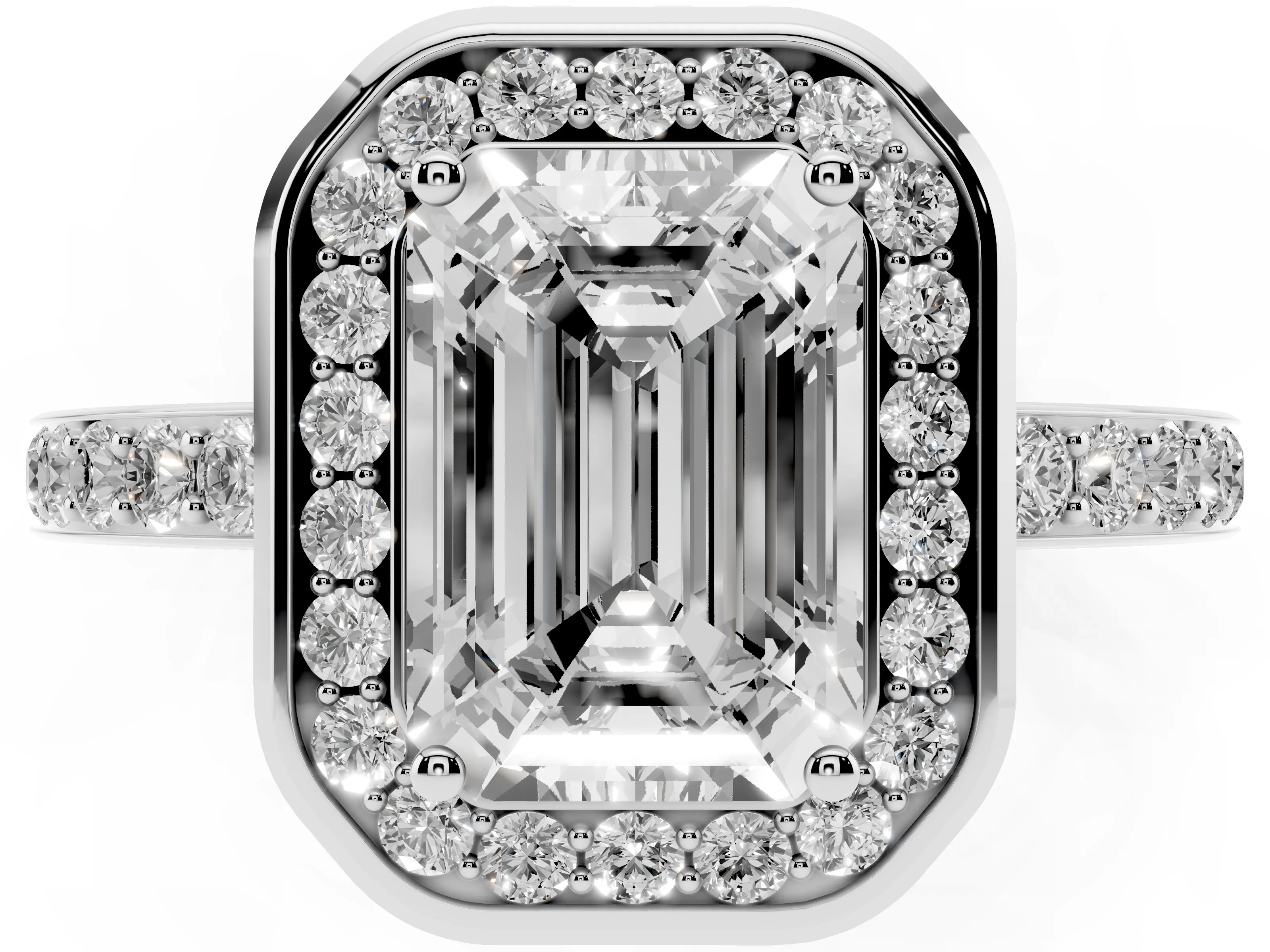 Emerald Cut Diamond Halo Ring Set in Silver with Bezel Frame and Pavé Band