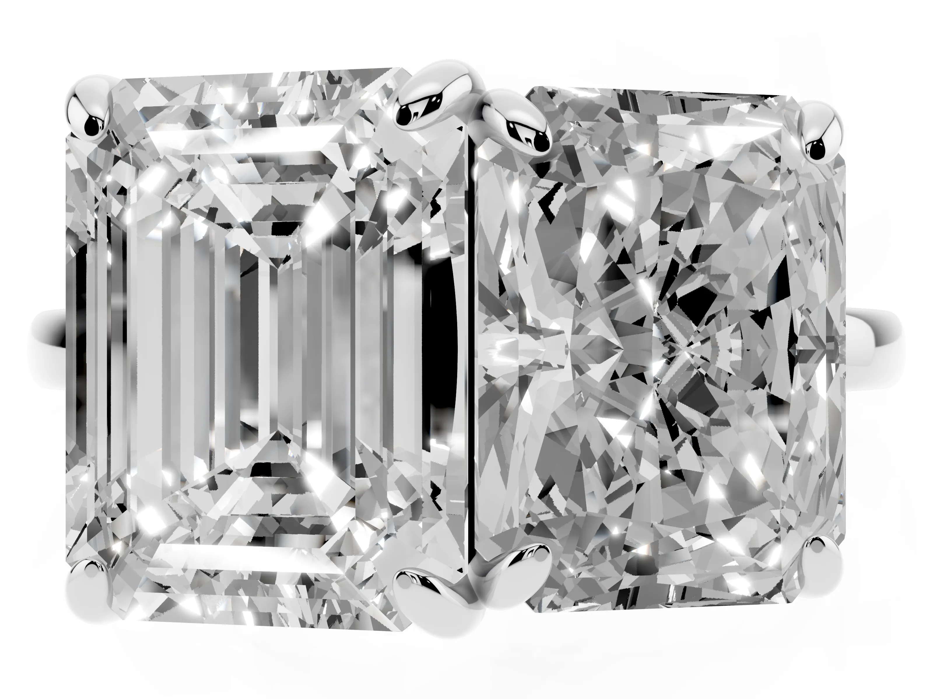 Emerald and Radiant Toi Moi Ring Set in Silver with Prong Setting and Plain Band