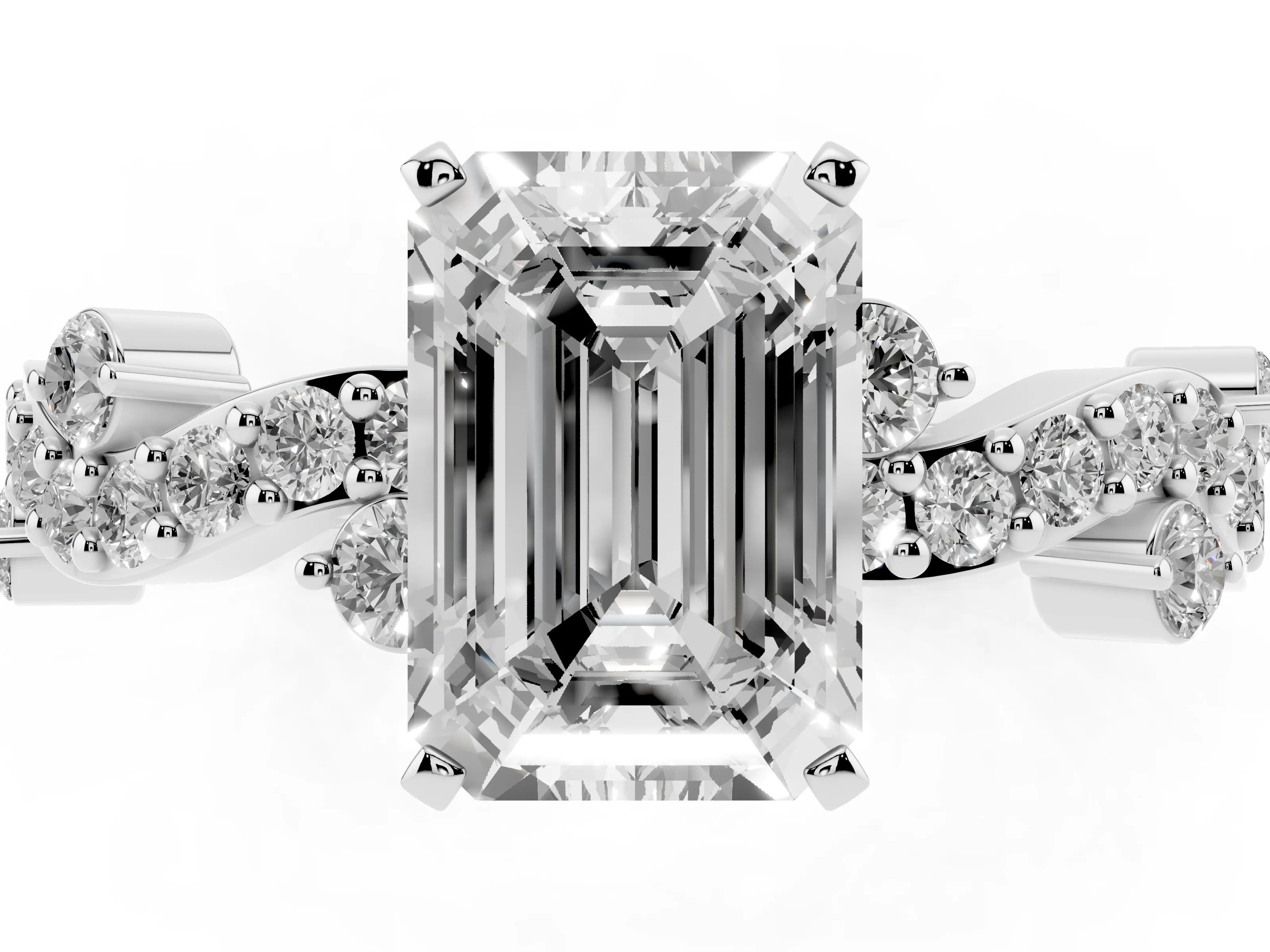 Emerald Cut Diamond Solitaire Twisted Band Set in Platinum with Pavé Setting